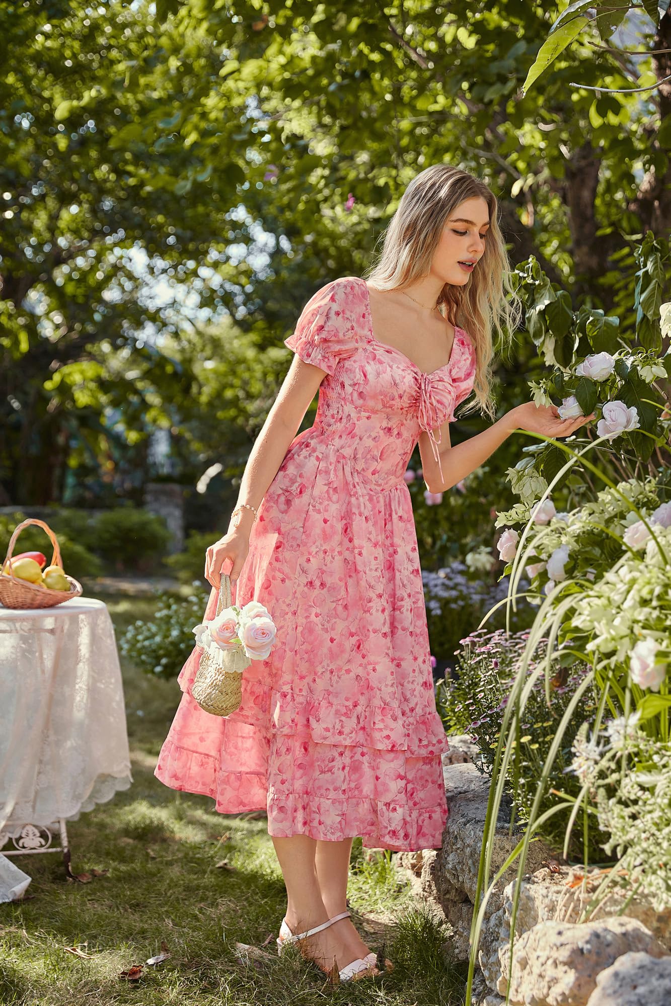 SCARLET DARKNESS Damen Viktorianisches Blumenkleid Kurzarm Rüschensaum Sommer Lang Kleider