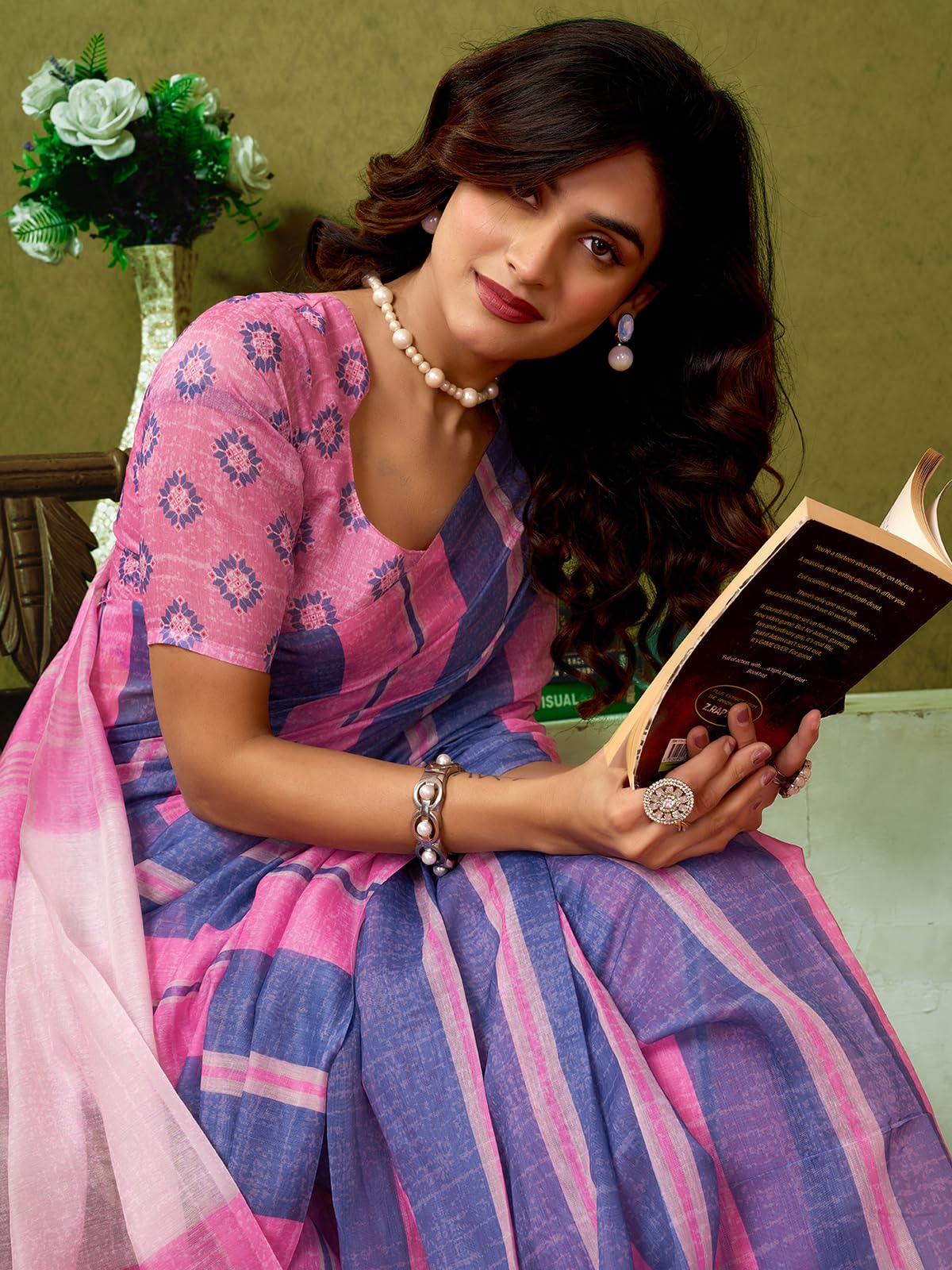 Satrani Women's Chanderi Cotton Printed Ready To Wear One Minute Pre Pleated Readymade Saree With Unstitched Blouse Piece (32Rs292N_Pink & Blue)