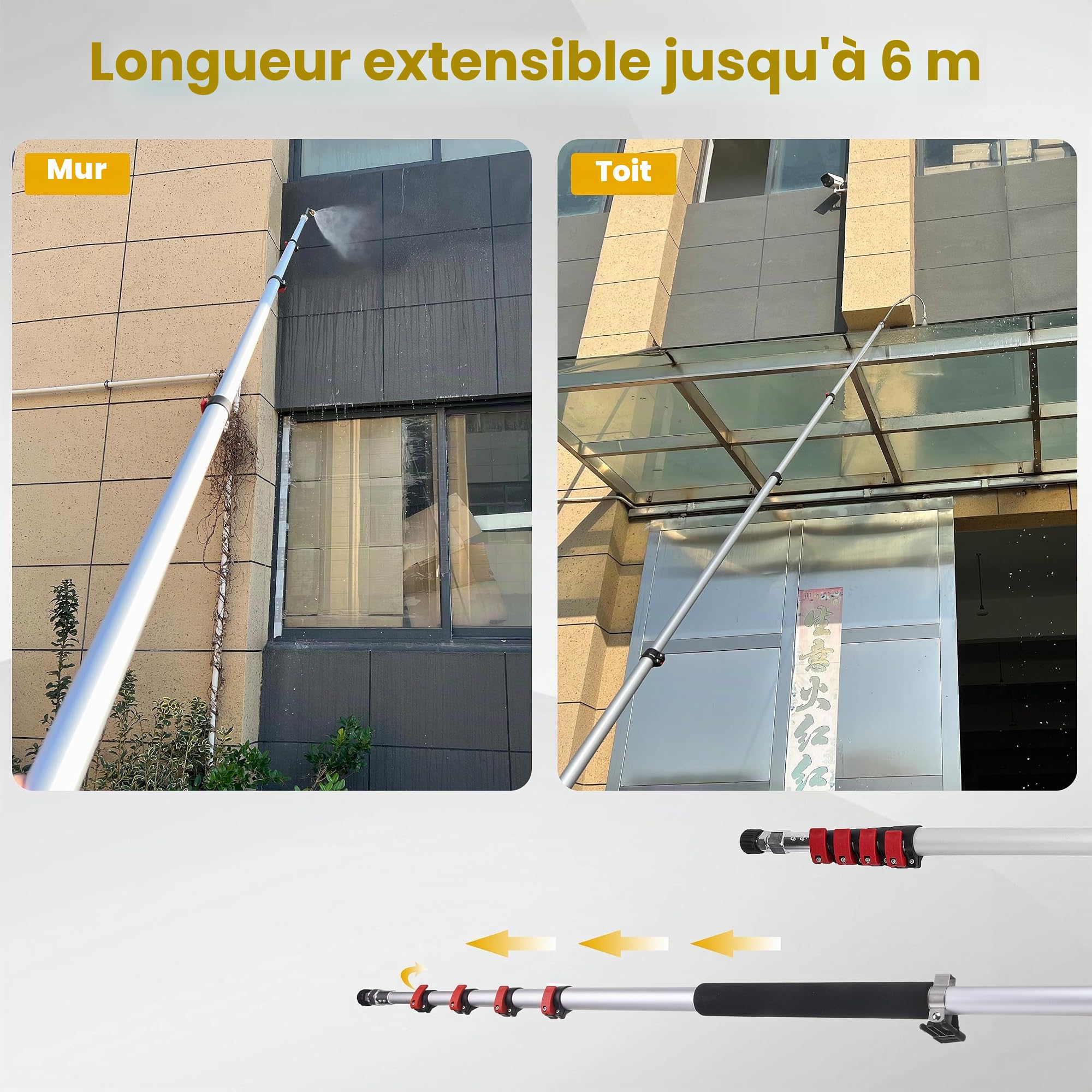 M MINGLE Lance Télescopique Haute Pression 6 m avec Tête de Brosse, 280 bar | Kit de Rallonges Haute Portée, avec 5 Embouts de Buse et 2 Raccords de Tuyau, pour Nettoyage de Gouttières, Fenêtres et Toits