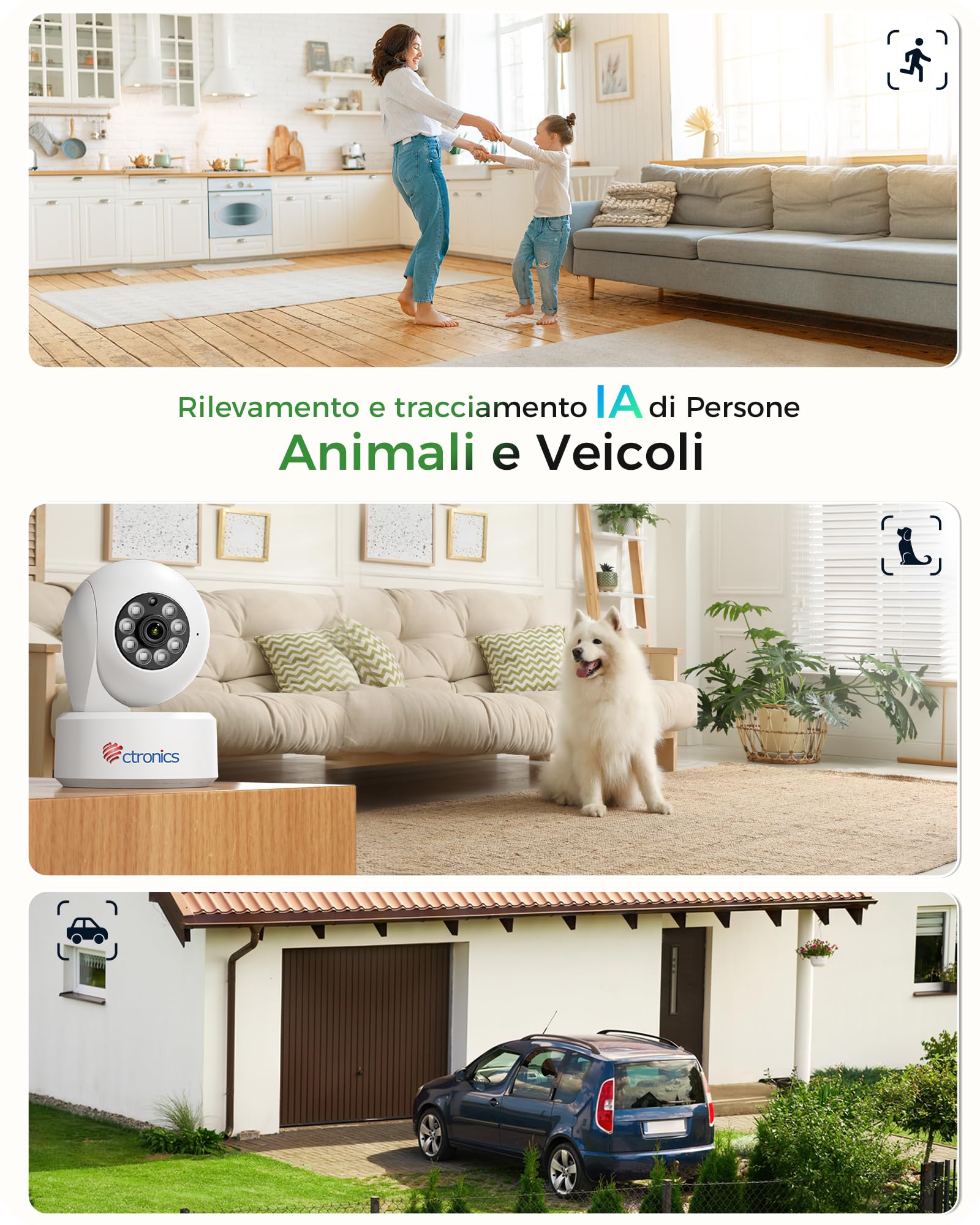 Ctronics 4K 8MP Telecamera di per interni, 5GHz Wi-Fi, Tracciamento automatico, Rilevamento AI persone/animali domestici, 360° PTZ da PC, 24/7, Archiviazione su cloud e scheda TF da 256 GB, FTP/NVR | WiFi 2.4/5GHz, 355° Pan/120° Tilt PTZ, Cloud & 256GB TF