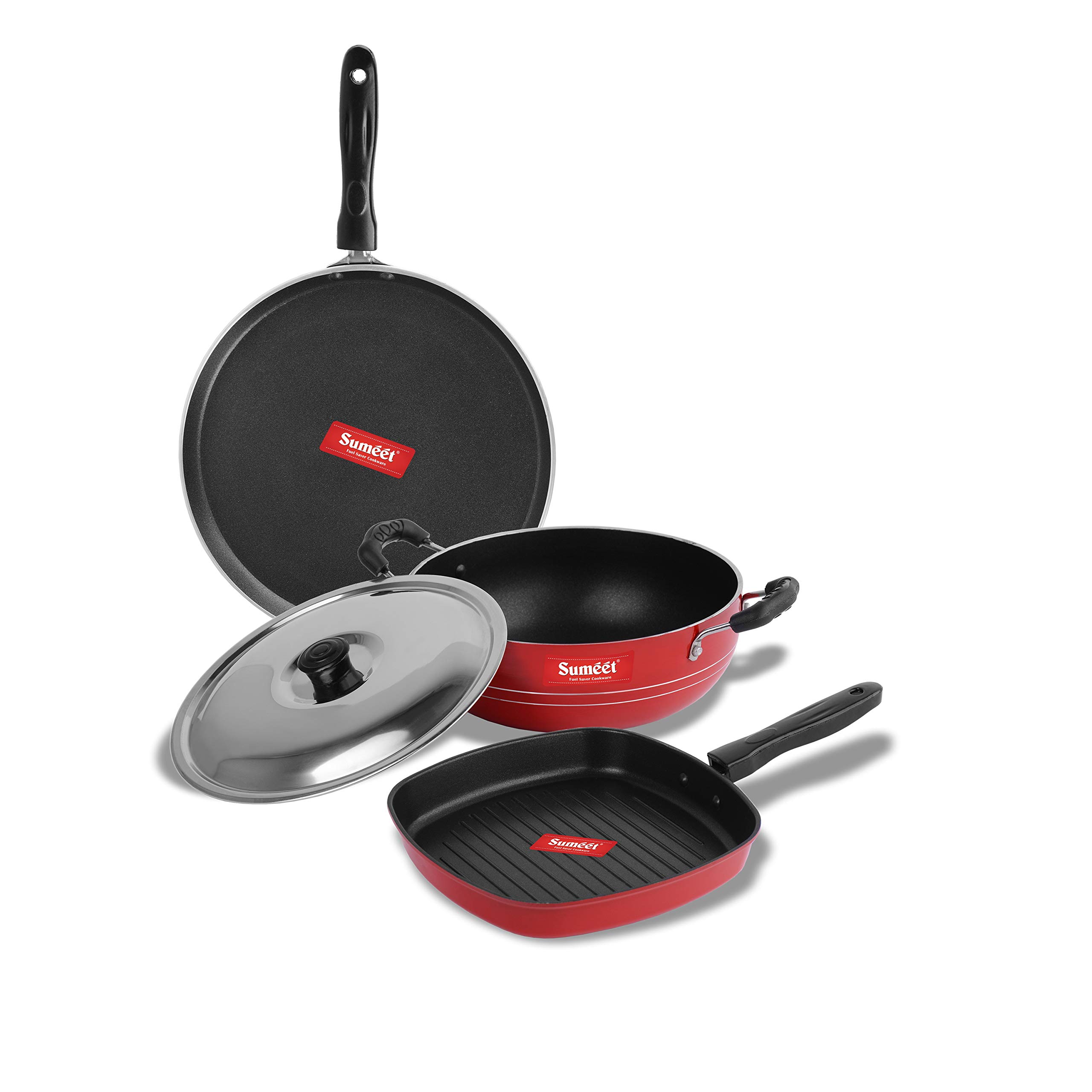 Sumeet 2.6mm Thick Non-Stick Cook Red Combo set (Dosa Tawa – 26.5cm Dia + Kadhai with Lid – 1.5Ltr capacity- 20cm Dia + Grill Pan – 1.1Ltr Capacity – 22cm Dia)