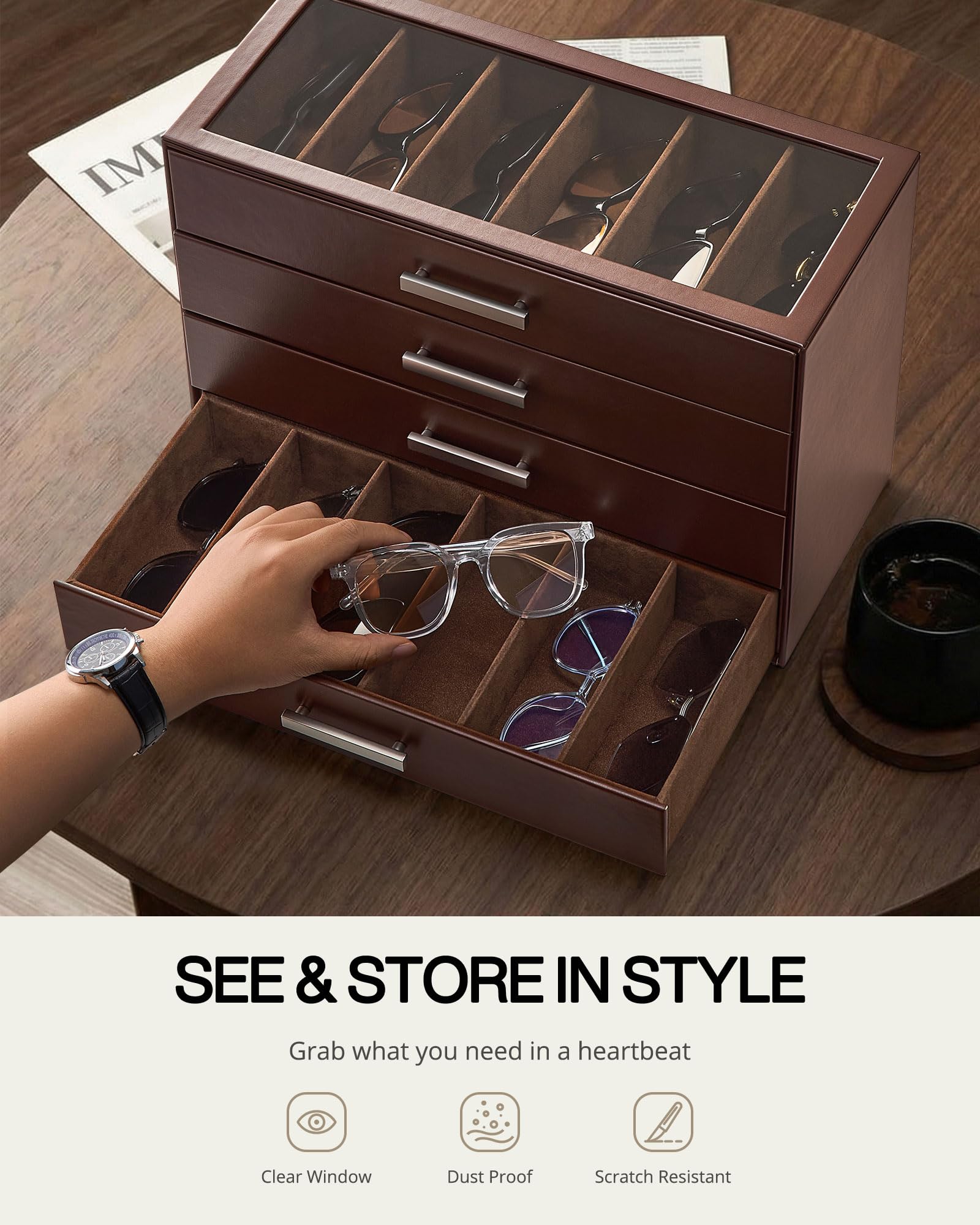 ProCase Boîte à Lunettes pour Homme Grande Capacité, Rangement Lunettes de Soleil avec Tiroirs et Couvercle Transparent