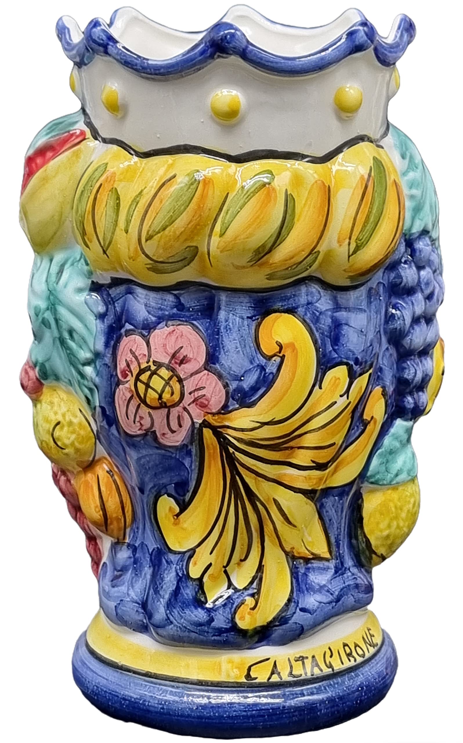 sicilia bedda - SICILIANE Brombeerköpfe aus Keramik aus CALTAGIRONE - Handgefertigt - Höhe 18 cm (Herren, blaue Krone)