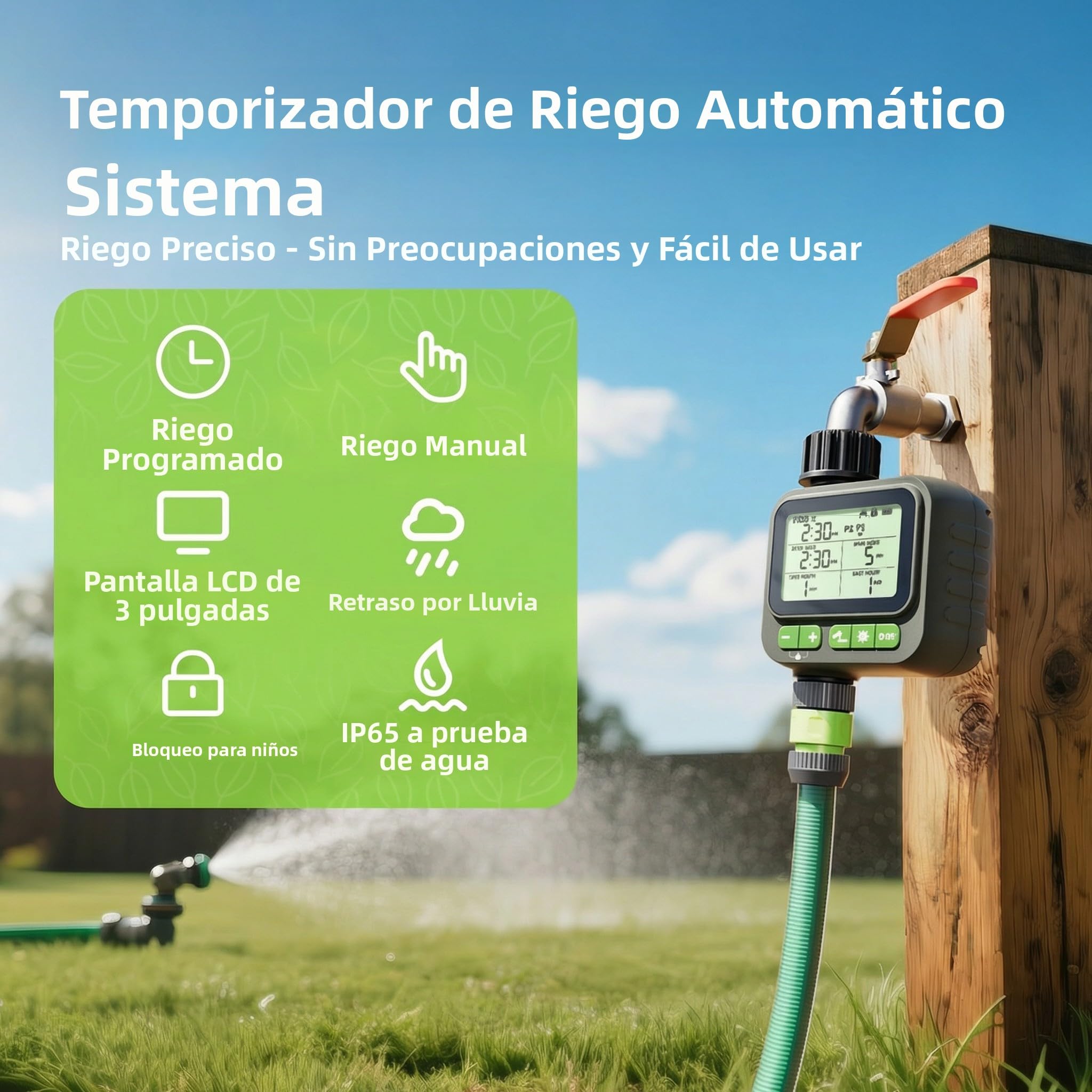 Temporizador de riego automático con Gran Pantalla LCD – Modo Manual/automático, función de retardo por Lluvia