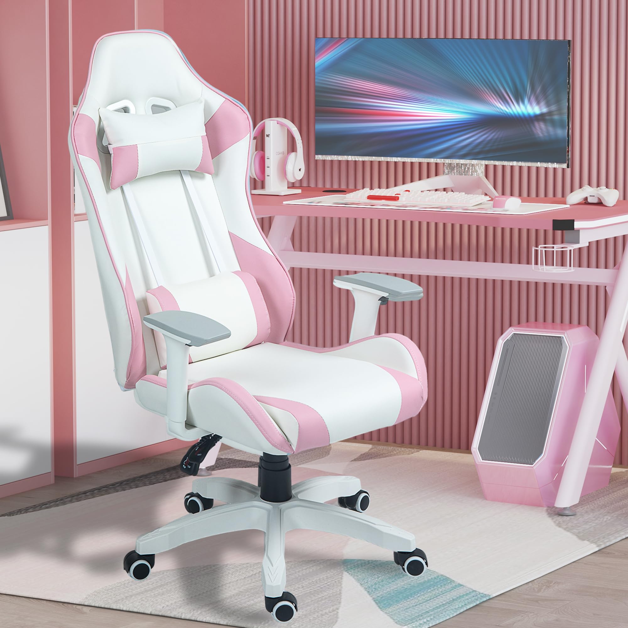 HOMCOM Silla Gaming Reclinable Silla Gamer Giratoria Silla de Oficina Basculante con Cojín Lumbar Reposabrazos 3D Reposacabezas Extraíble y Altura Ajustable 67x60x120-128 cm Blanco y Rosa
