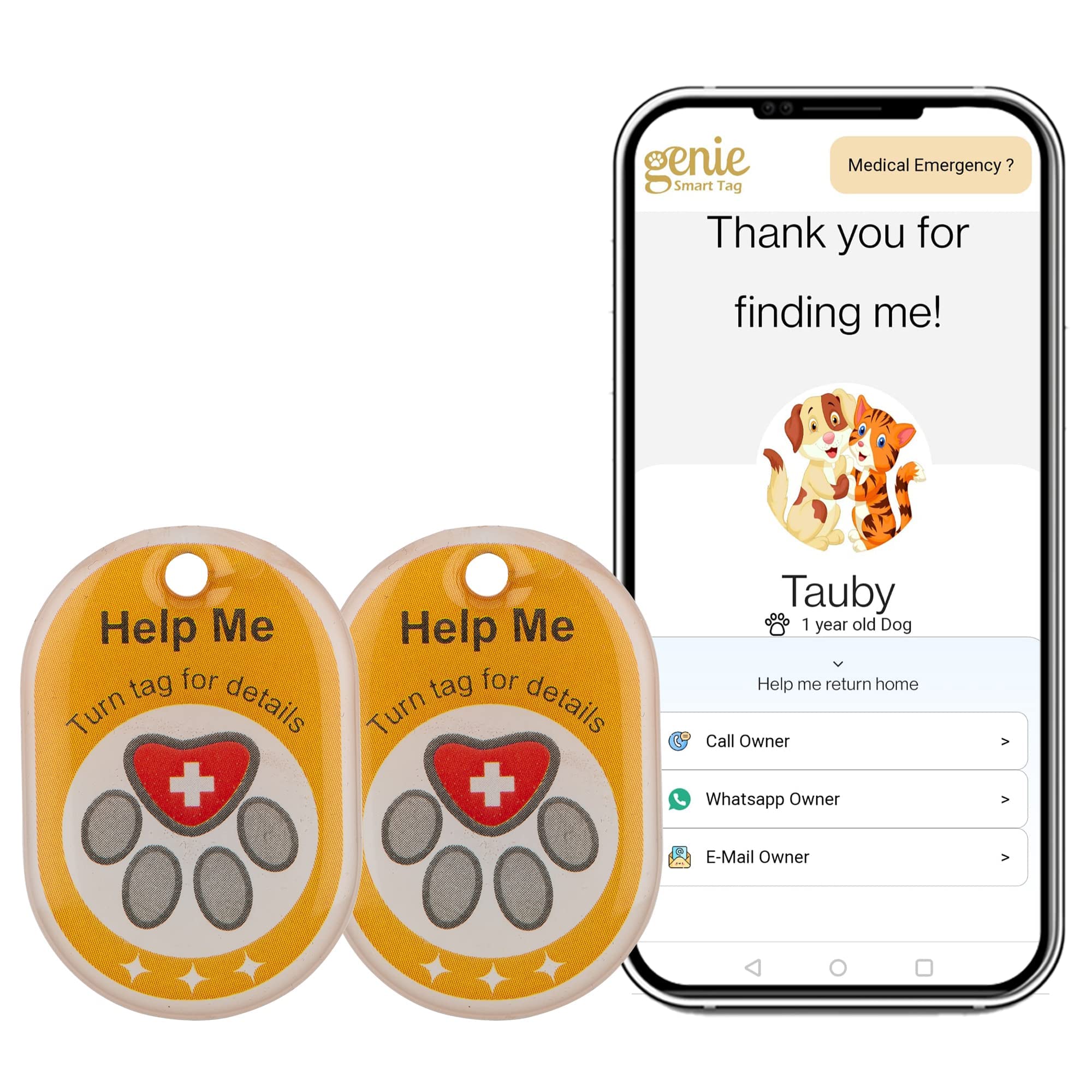 tag8 - Compact Genie Smart Pet Tag, Dog and Cat Tag with QR Code for Global Tracking Location System, Alternative to GPS Tracker, Tags with Alerts for Vaccination, Pack 2