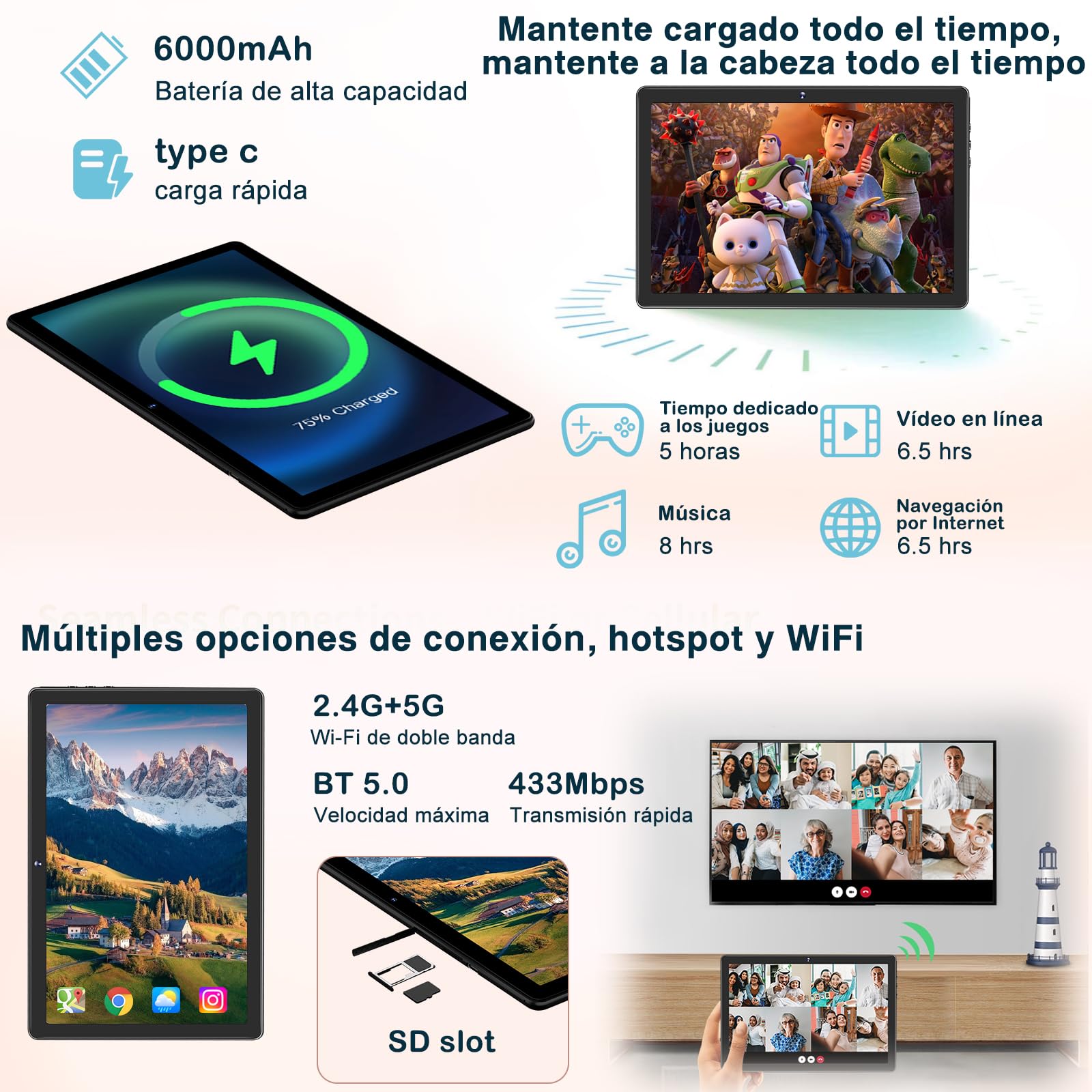 Tablet da 11 pollici Android 14, 24GB RAM+256GB ROM/TF 2TB, 8-Core 2.0GHz, Batteria 8000mAh, UFS 2.2 Flash, BT5.0, 13+5MP, Widevine L1, Grigio
