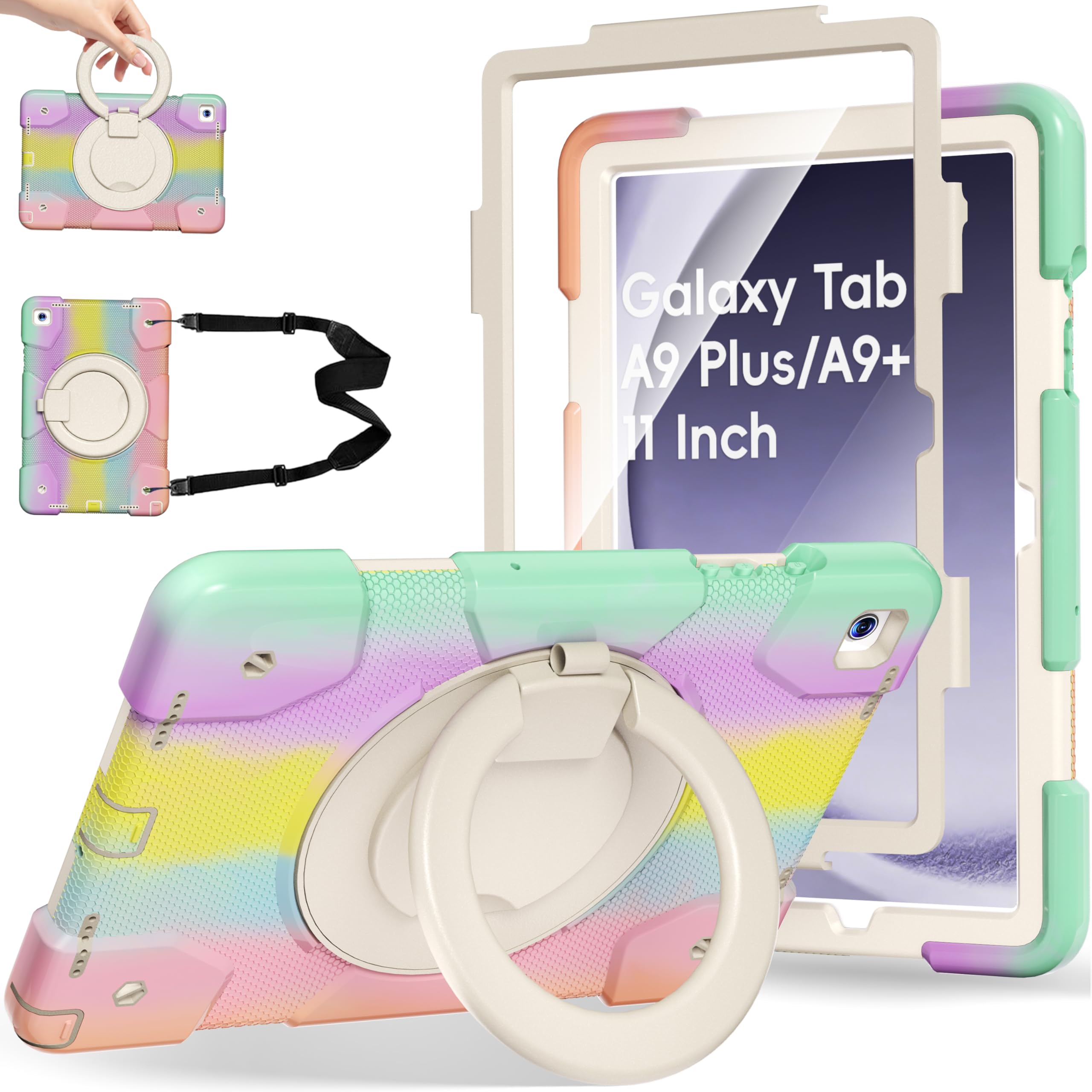 Andnary New Case for Samsung Galaxy Tab A9+ 11 Inch with Pencil Holder, 360° Rotating Hand Strap & Stand, Sturdy Shockproof Galaxy A9 Plus Tablet Case 2023 SM-X210/X216/X218 (Colorful Pink)