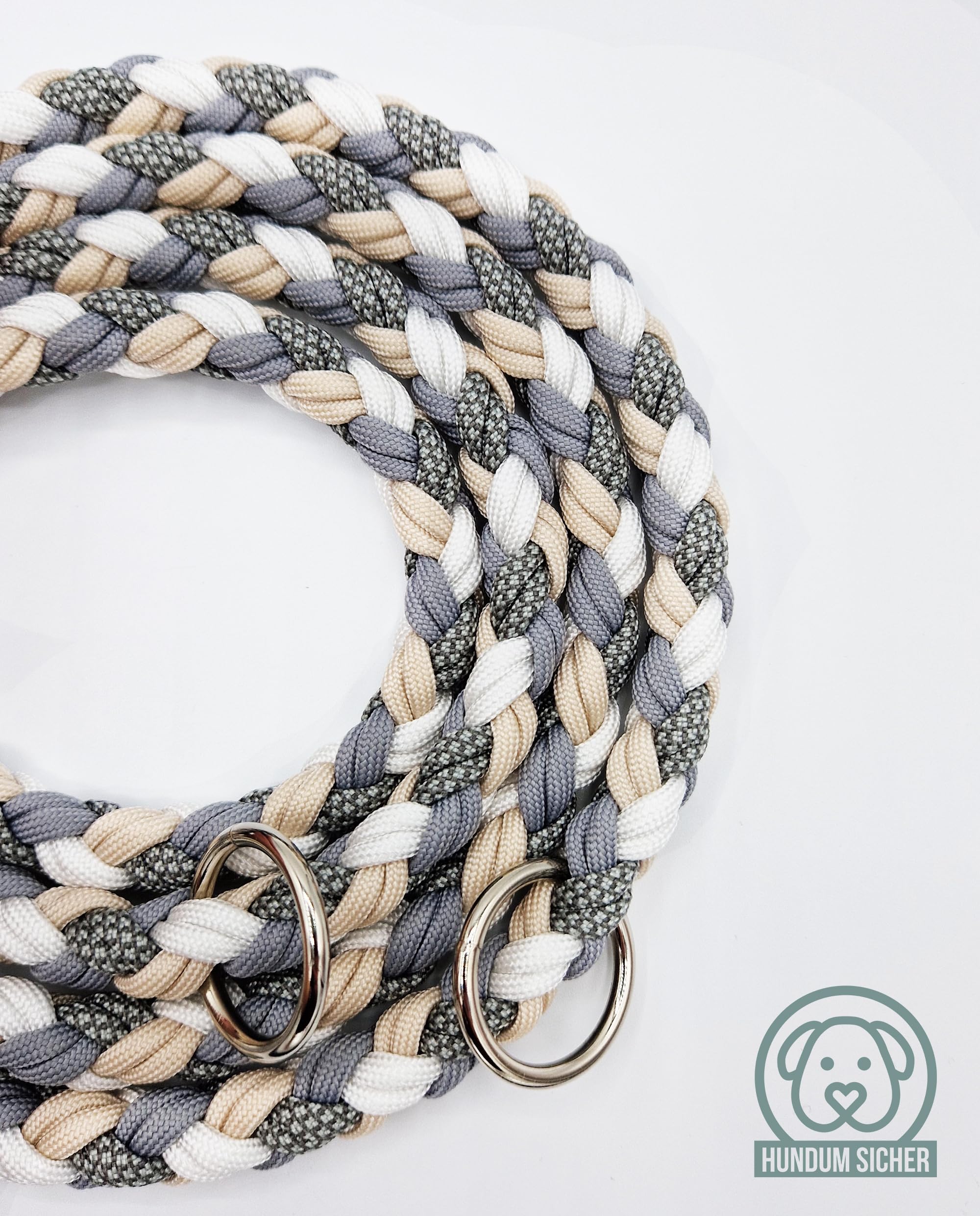 Diebstahlschutz-Hundeleine und Halsband Set, Abschließbar mit Schloss, Mehrfach verstellbar, Geflochten aus Paracord, Beige & Grau & Weiß (M (Leine: 180cm))