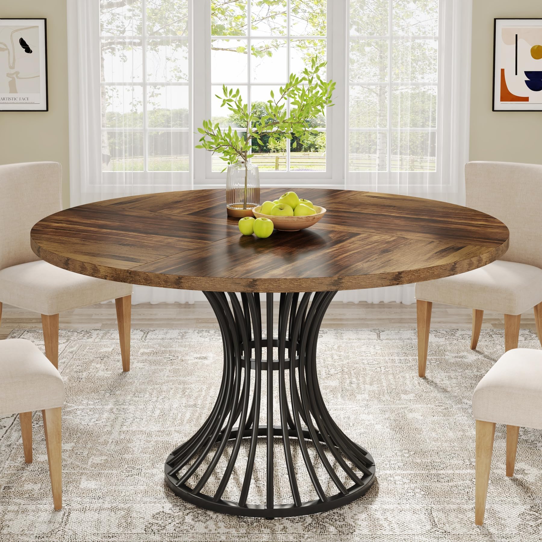 Tribesigns Tavolo da pranzo rotondo da 120 cm, per 4-6 persone, stile rustico e design industriale, stabile base in metallo per cucina e soggiorno, nero-marrone