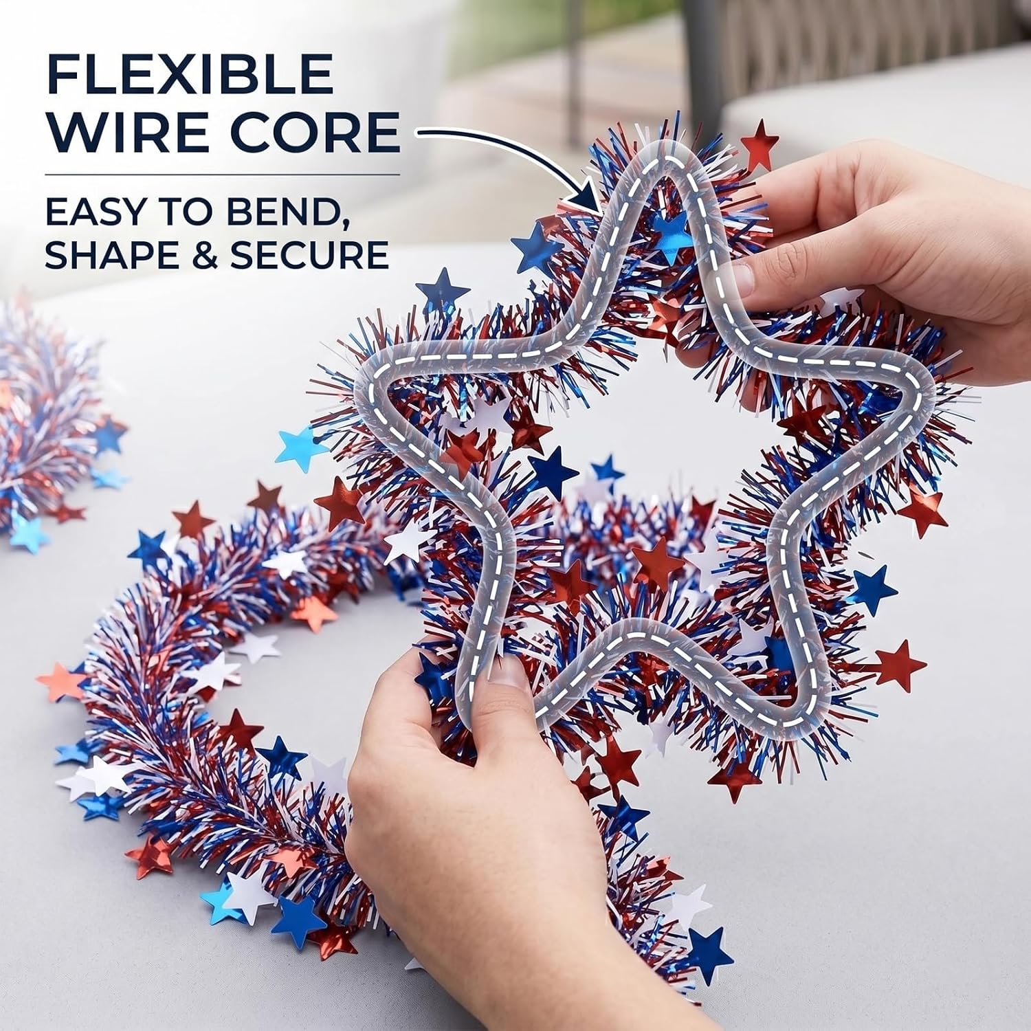 52.5Ft 4th of July Patriotic Tinsel Garland Decorations, Red White and Blue Star Garland for Golf Cart Parade Float, Independence Day Tree Decor (1 Pack)