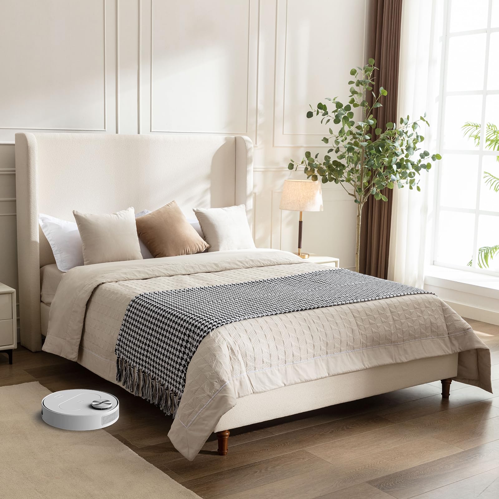 YJNKU Queen Size Platform Bed Frame,Upholstered Bed Frame with Wing Side Headboard,Chenille Fabric,Strong Wooden Slat Support, No Box Spring Needed,