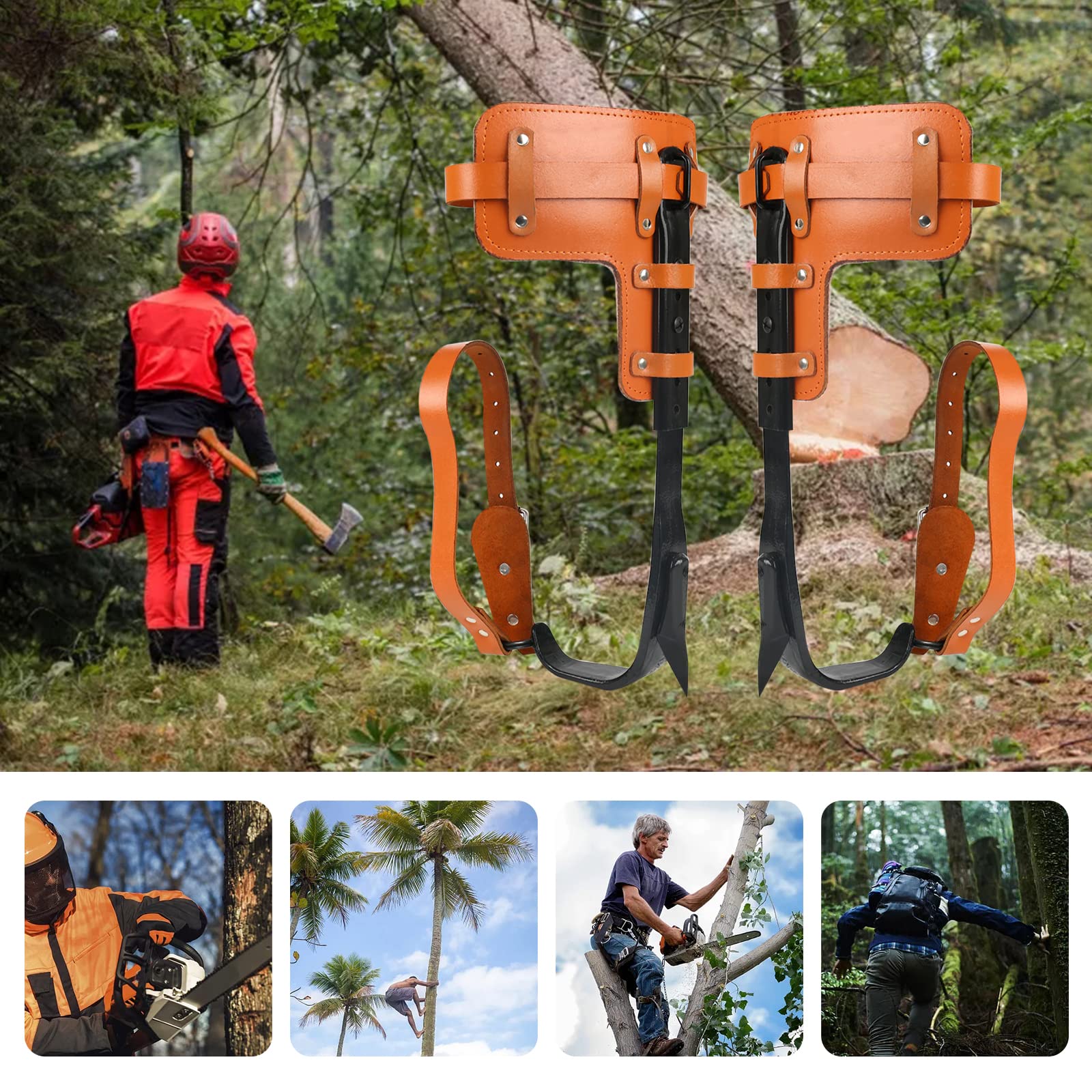 Equipo de escalada de árboles, crampones, altura ajustable y con correa de piel de vacuno, crampones de árbol, artefacto antideslizante para acampar en el bosque, recolección de frutas