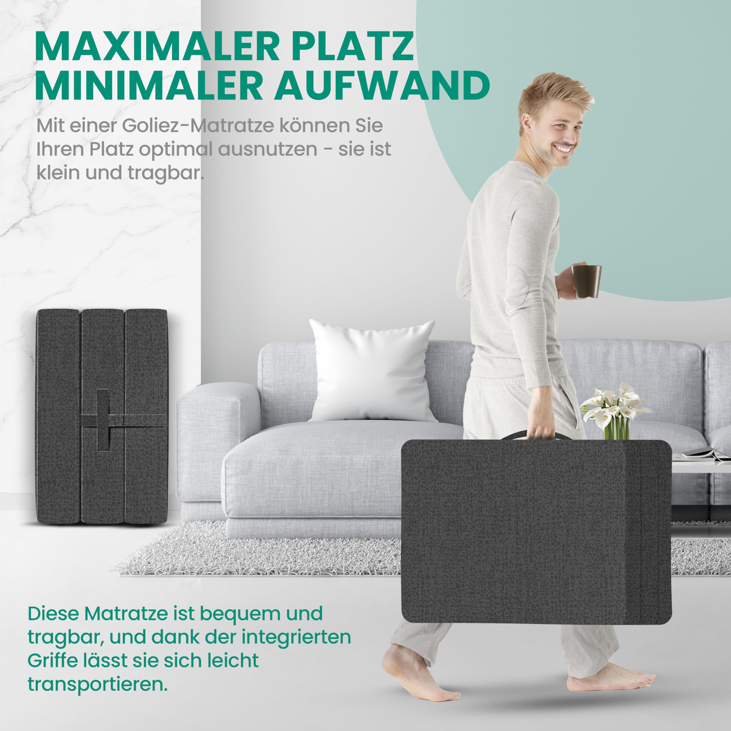 Klappmatratze 3-teilige Faltmatratze Gästematratze, Schaumstoff Matratze, Klappbar, Faltbare Kamping Bett, Waschbar Bezug