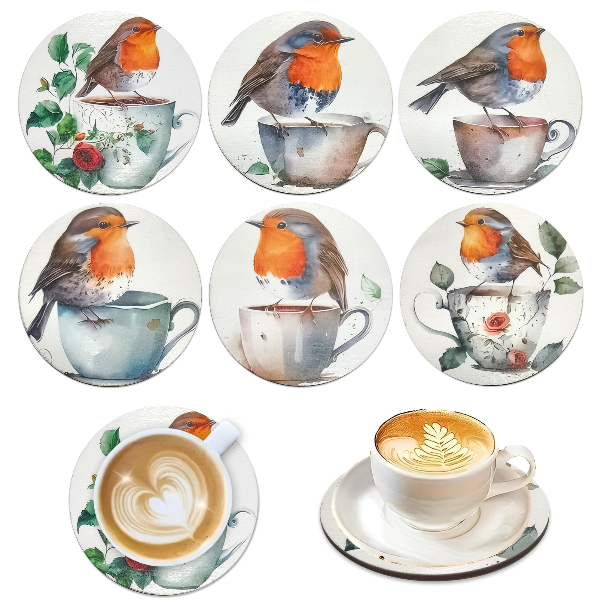 Wooden Coasters Set of 6 Round Bird Pattern Wooden Placemats for Drinks, Tea, Coffee Table, Dining Room, or Office Use, Practical Wood Cup Mats Coaster Sets for Home Tabletop Decoration