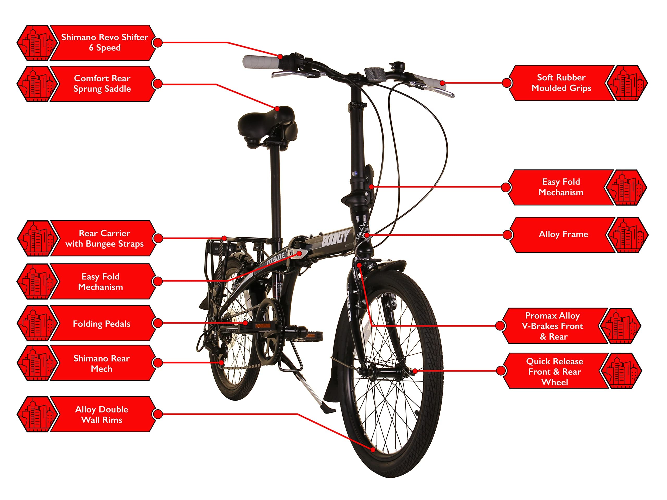 Bounty Citylite Bicicleta Plegable | Cuadro Aluminio Ligero | 6 Velocidades Shimano con Cambios Revo | Perfecta para ir al trabajo | Bicicleta Plegable | Bicicleta Adulto, Negro