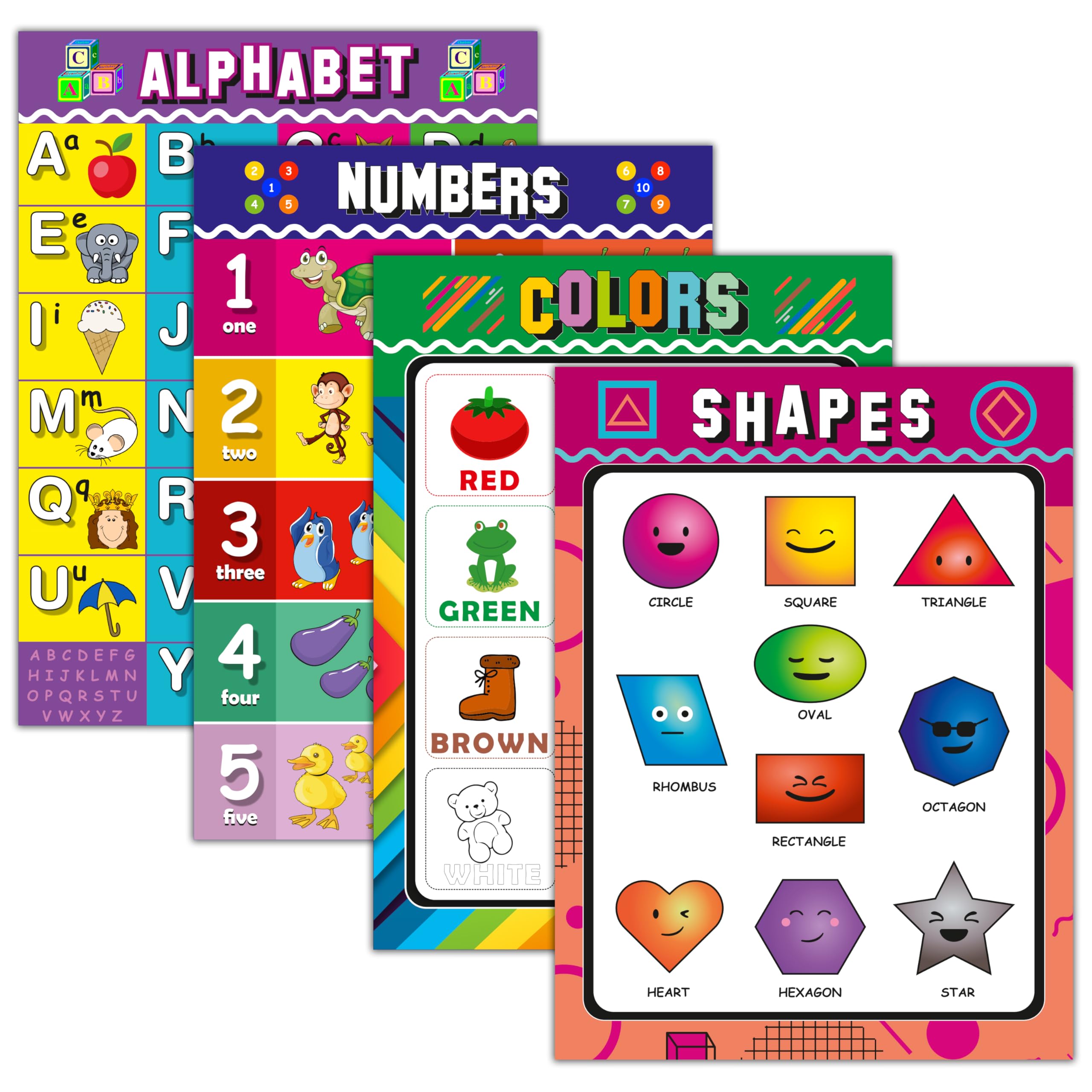 easykart labels 4 Pack - ABC Alphabet + Numbers 1-10 + Shapes + Colors Poster Set - Toddler Educational Charts (LAMINATED, 18" x 24")