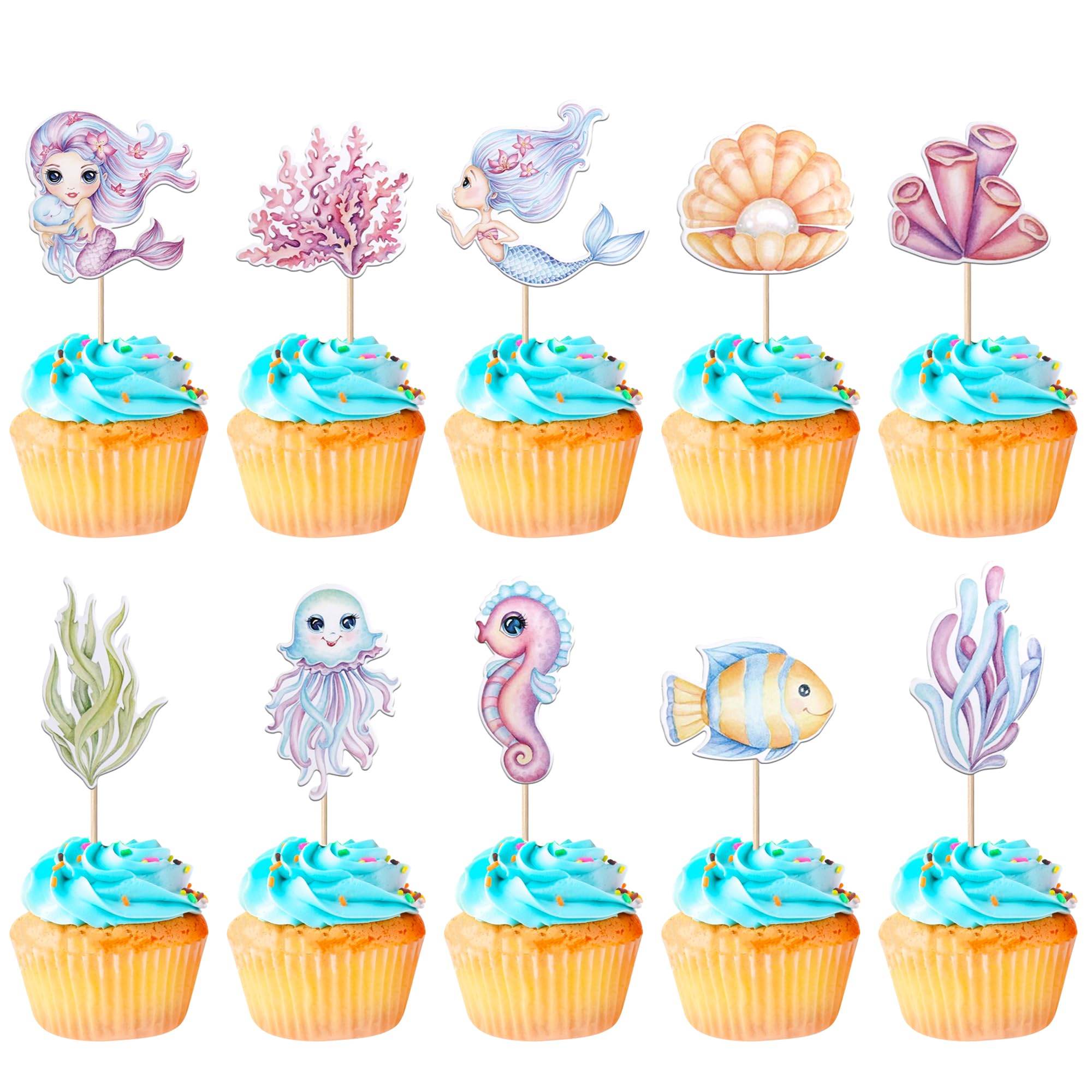 Rsstarxi 40 Pack Mermaid Cupcake Toppers Ocean Sea Animal Cake Decorations Under the Ocean Coral Seahorse Cupcake Picks for Under the Sea Theme Baby Shower Birthday Party Cake Decorations