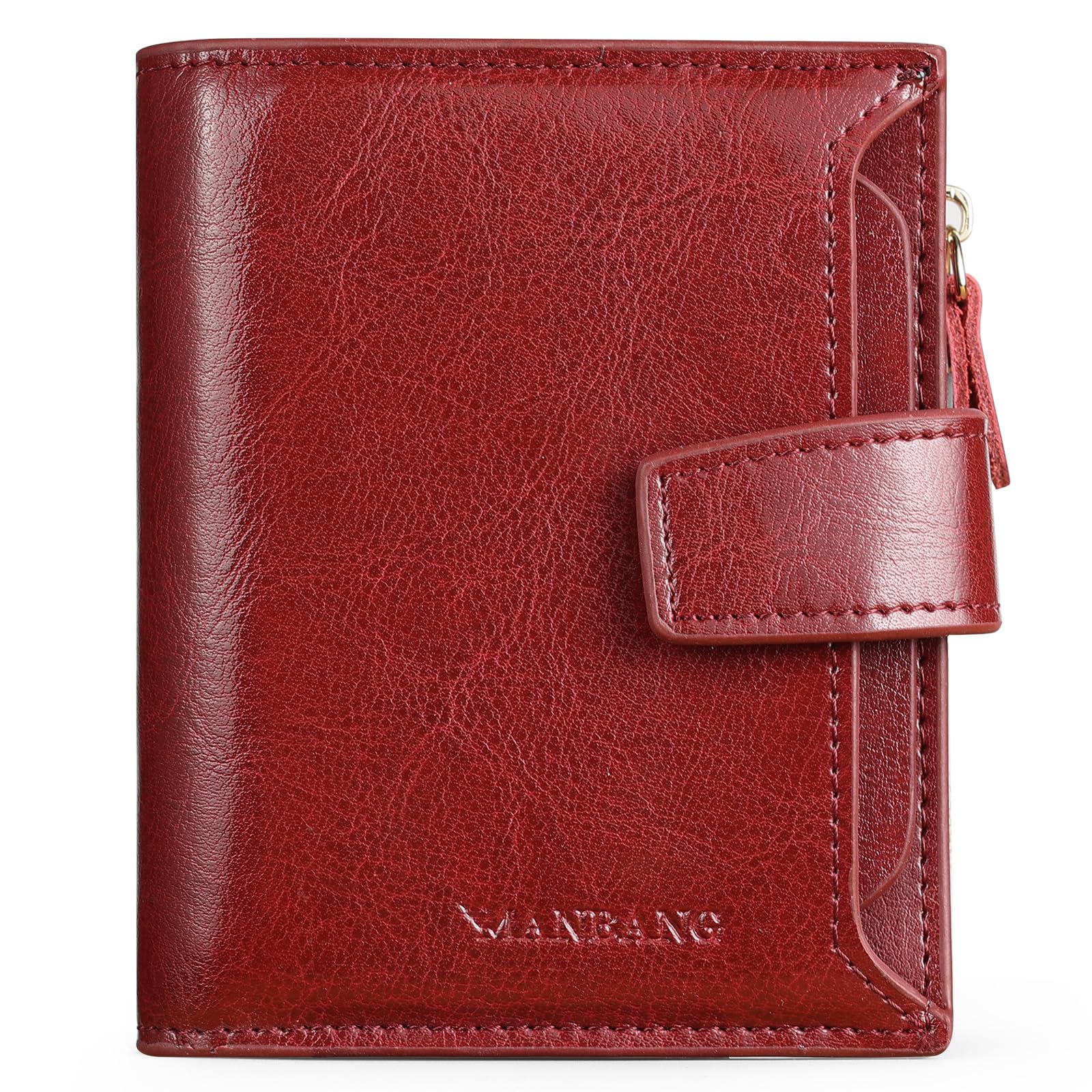 MANBANG Wallets for Women Leather RFID Blocking Small Bifold Zipper Pocket Wallet Card Case Purse with ID Window… (Red)