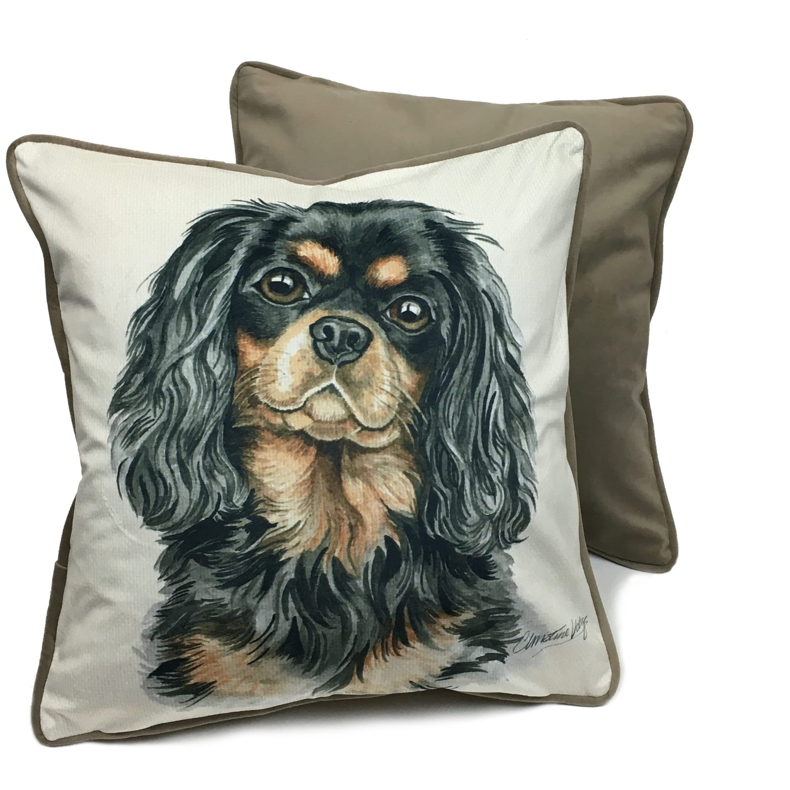 WaggyDogz Black and Tan Cavalier King Charles Spaniel Luxury Dog Cushion/Pillow by Christine Varley (CUS-UK259)
