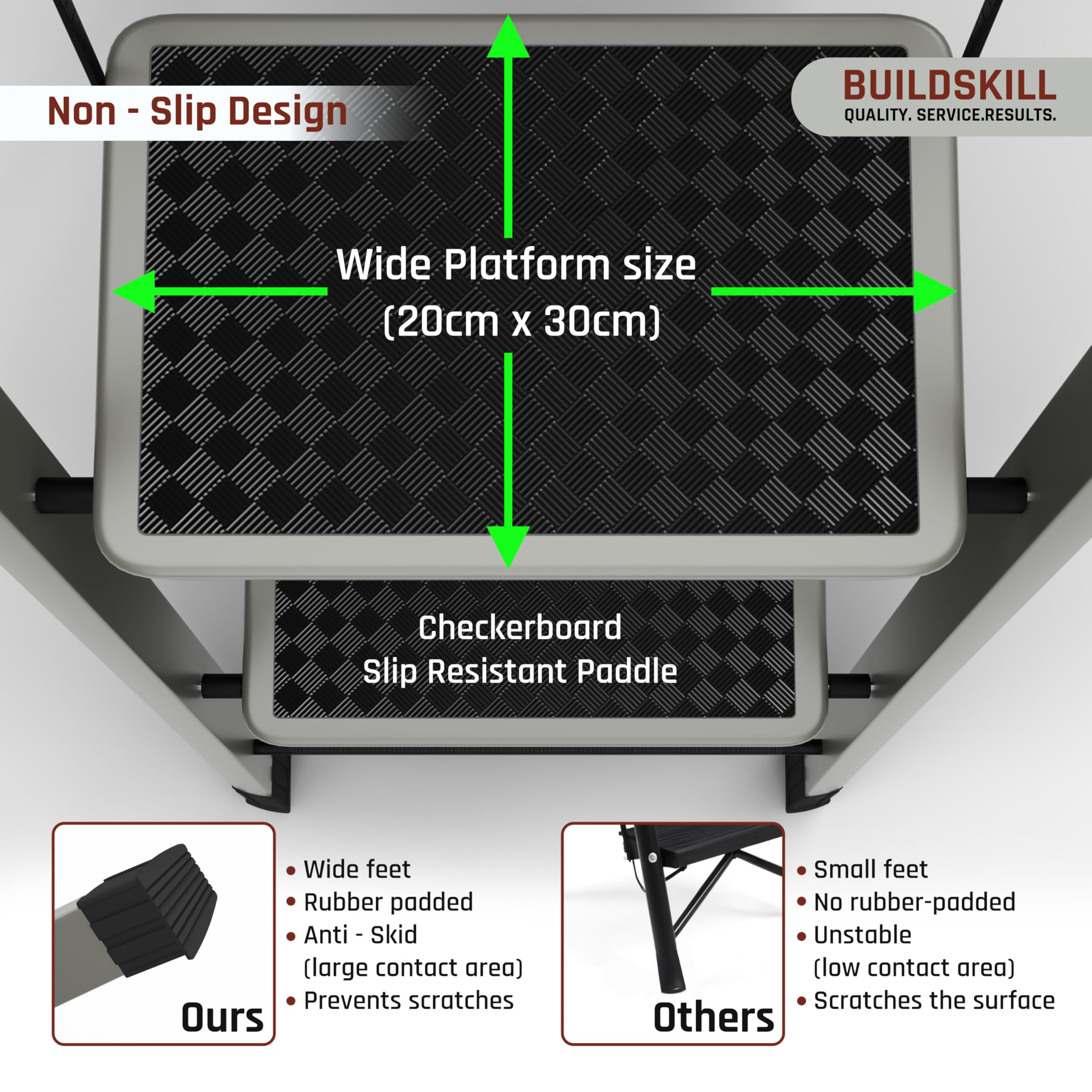 BUILDSKILL Ladder for Home 7 Steps Foldable with Built-in Tool Tray | Heavy Duty D Shape Rods | 20 x 30cm Large Platform | Wide Rubber Feet | Secure Lock | 150Kg Capacity - 5 Years Warranty — Amazon image 3