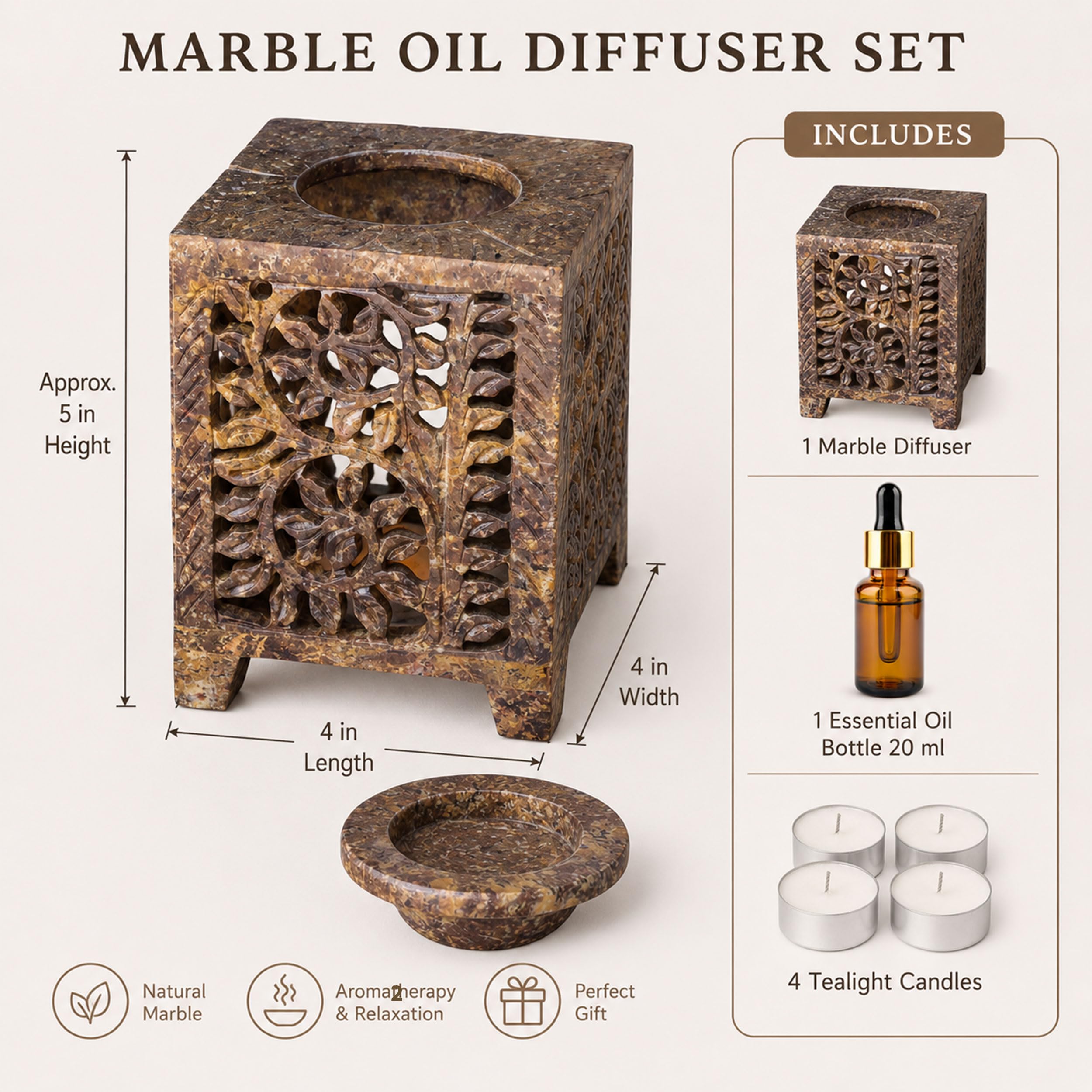 Marble Tealight Diffuser for Home Spa Office | 20 ml Oil & 4 Candles — photo — 7 of 8