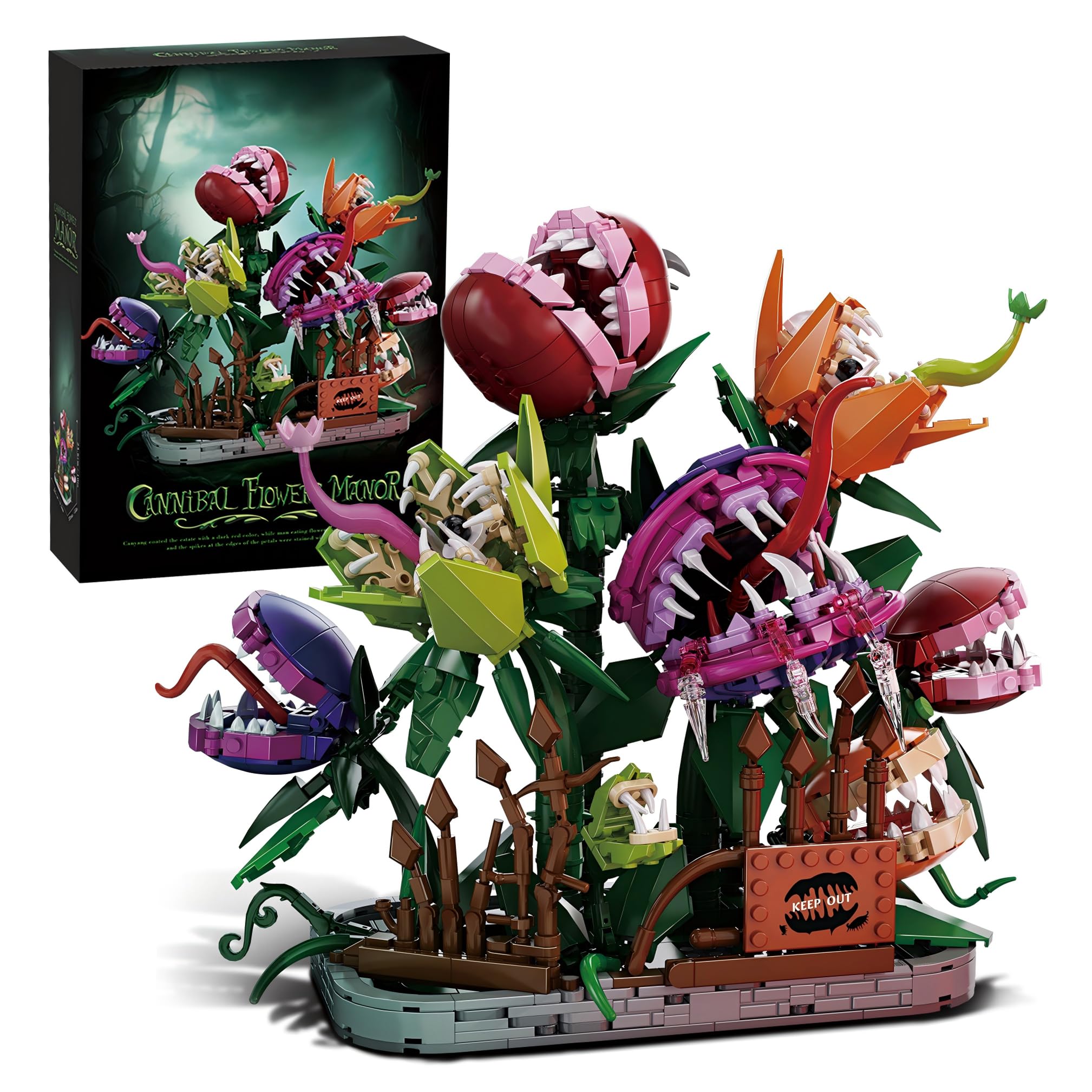 Horror Bonsai Fleischfressende-Pflanze Blumen Bausteine, 1266 Teile Botanicals Garten Deko Modell, Creative Halloween Ferien Geschenk für Pflanzenliebhaber Erwachsen Sammler