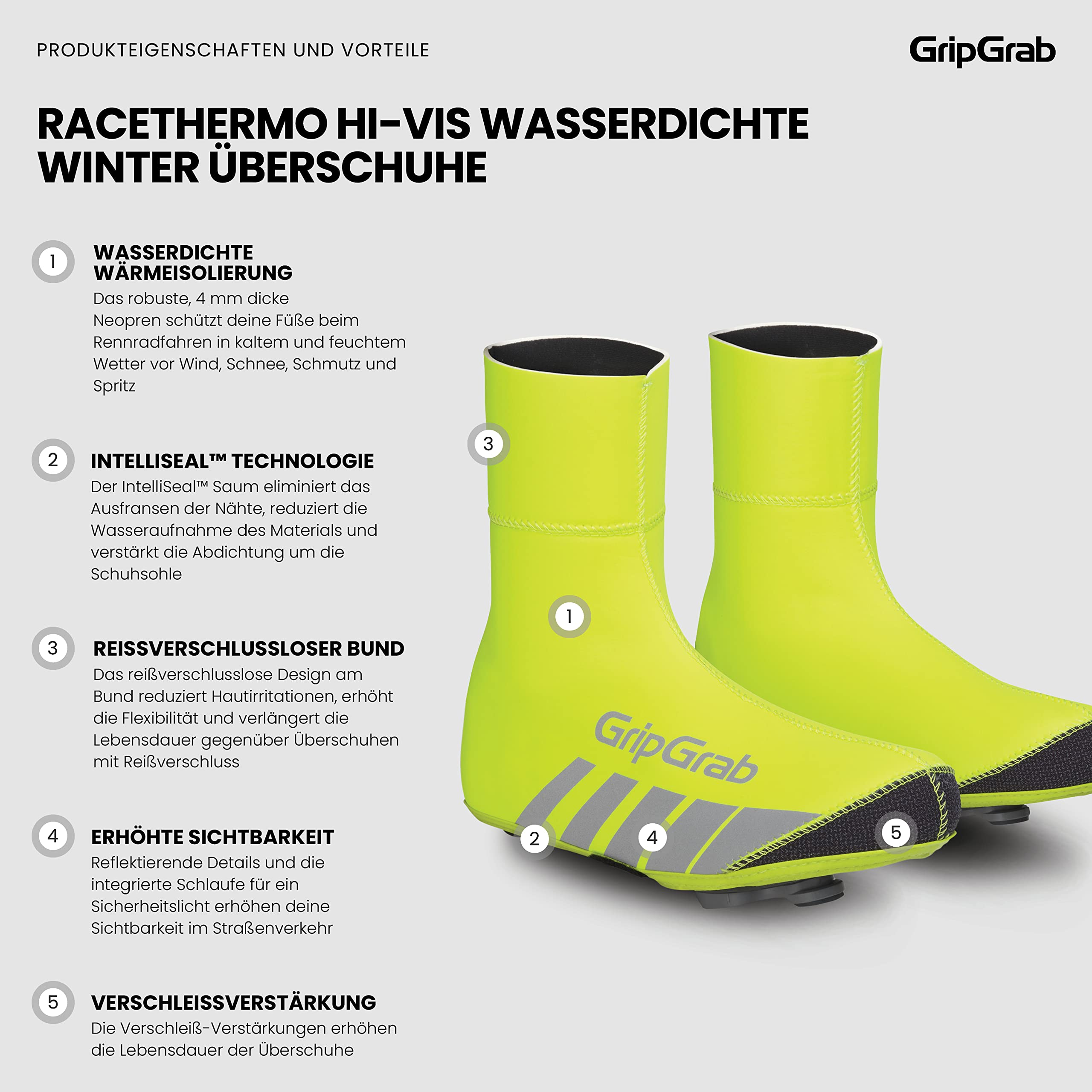 GripGrab RaceThermo Winter Rennrad Überschuhe - Warme Neopren Überzieher | Wasserdichte 4 mm Thermo Radsportüberschuhe ohne Reißverschluss, IntelliSeal Saum, für rennorientierte Rennradschuhe