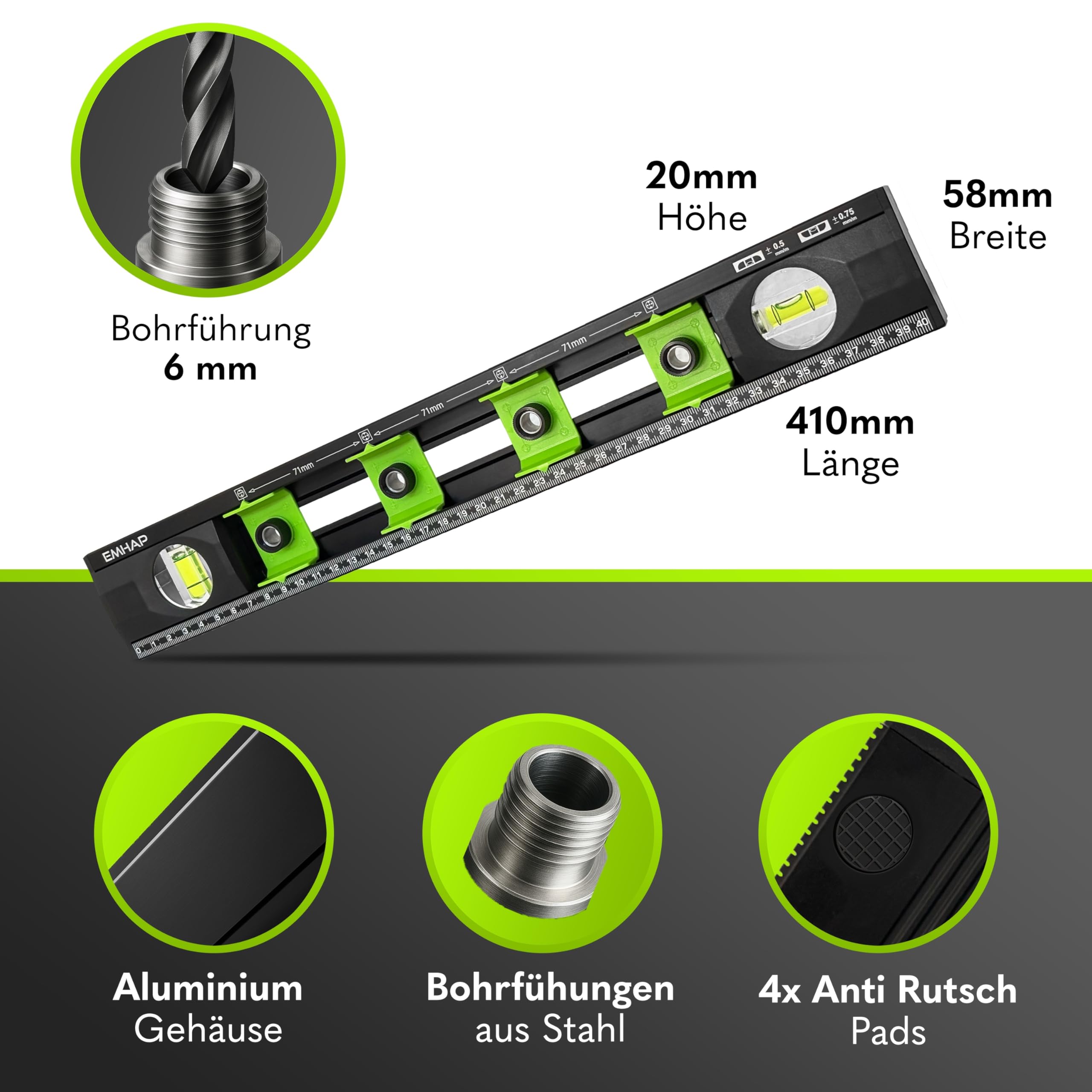 Nivel de burbuja con plantilla de perforación para enchufes, diámetro de 6 mm, nivel de burbuja de electricista 2.0 como guía de perforación precisa y plantilla de enchufes, ideal para brocas