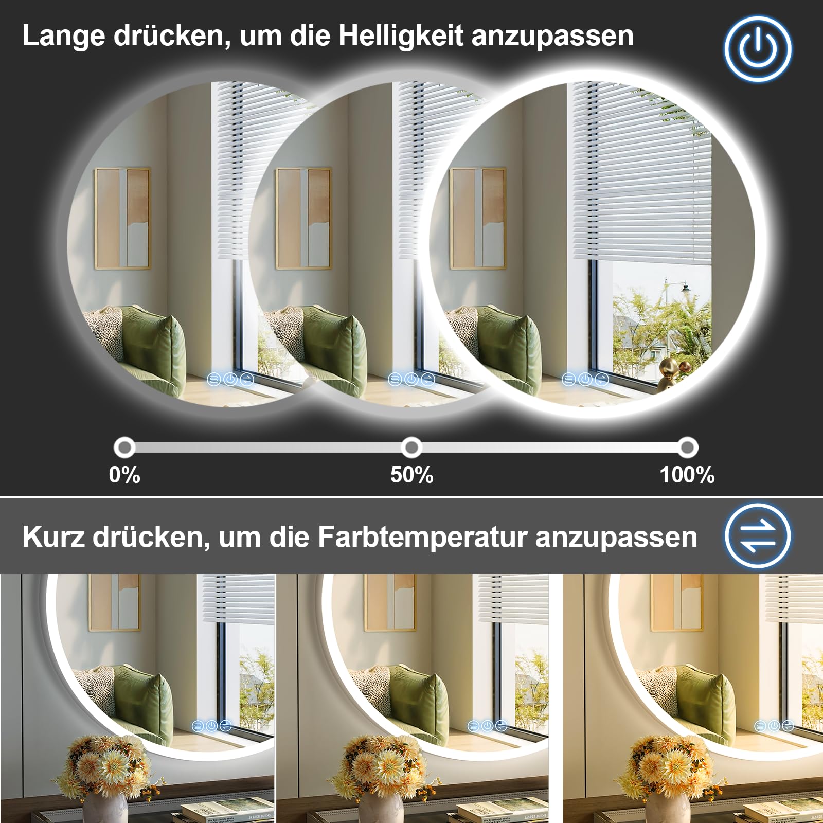 Specchio bagno con luce Rotondo 80cm, Specchio Bagno LED con Antifog, Dimmerabile, 3 Colori Luce, Memoria, HD Vetro Temperato, IP44, Specchio da parete con luce a LED
