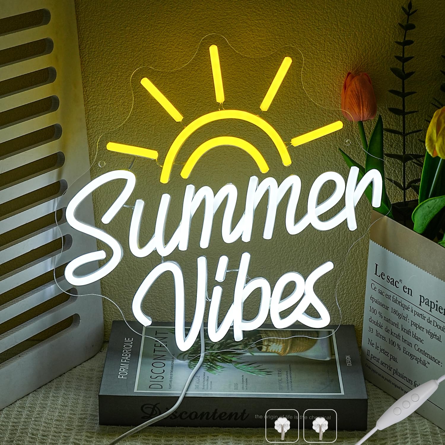 Summer Vibes Neon Sign for wall decor, Summer Party LED Sign, USB Powered Beach Bar Neon Light with Dimmable Switch for Beach Bar Bedroom Party