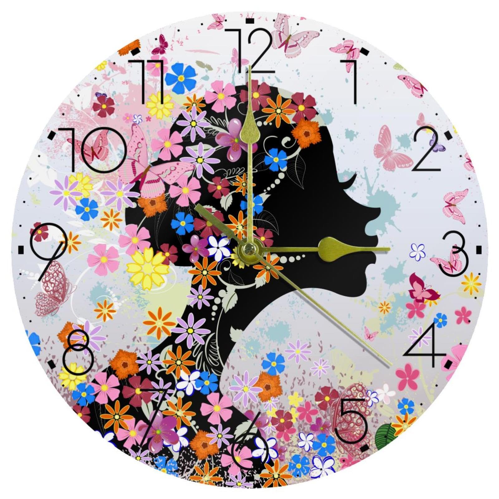 Horloge murale rose pour fille et salon : décoration silencieuse ronde à piles 25 cm