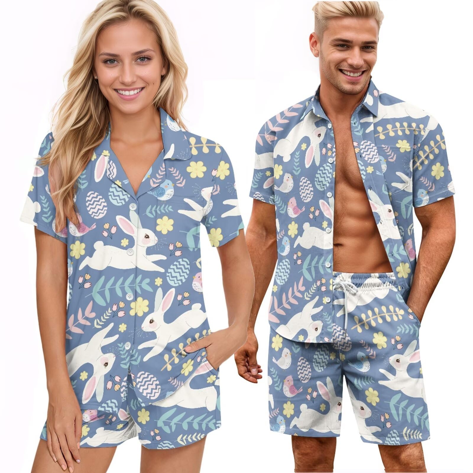 Pijamas a juego para parejas, conjuntos de pijama para mujer con bolsillos y botones, ropa de descanso para hombre, Jugando conejito, M