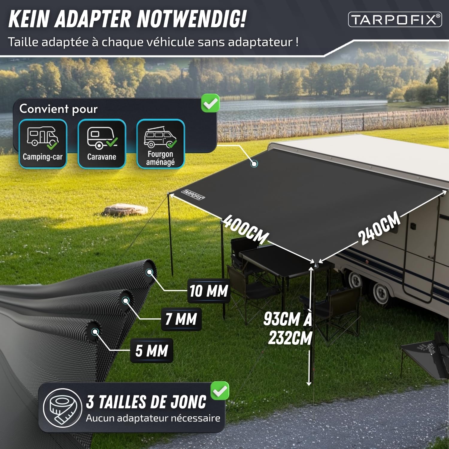 Tarpofix® Tendalino Camper con Keder 4 x 2,4 m | Tetto Parasole PU 6000mm Impermeabile per Profilo Keder | Tettoia Protezione Solare & UV 60+ per Campeggio | Telo Veranda per Roulotte & Caravan Tarp