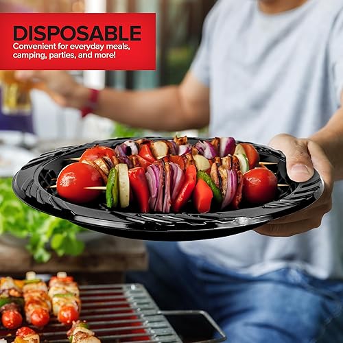 Miniatura 7 de Stock Your Home Platos de plástico negro de 9 pulgadas (100 unidades), grandes platos desechables de plástico negro para fiestas, pasteles,