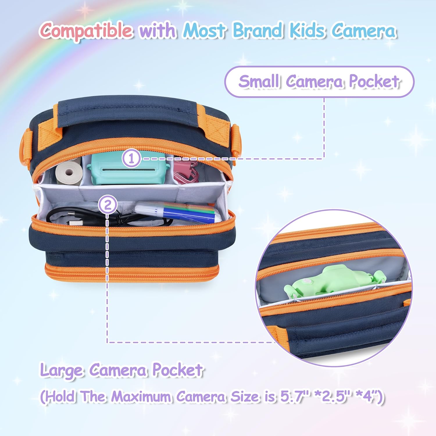 Kids Camera Case Compatible with ESOXOFFOR, Small Children Digital Carrying Bag with Pockets for Accessories, Front Binder Organizer Storage Printer Paper, with Detachable Shoulder Strap, Blue - Image 3