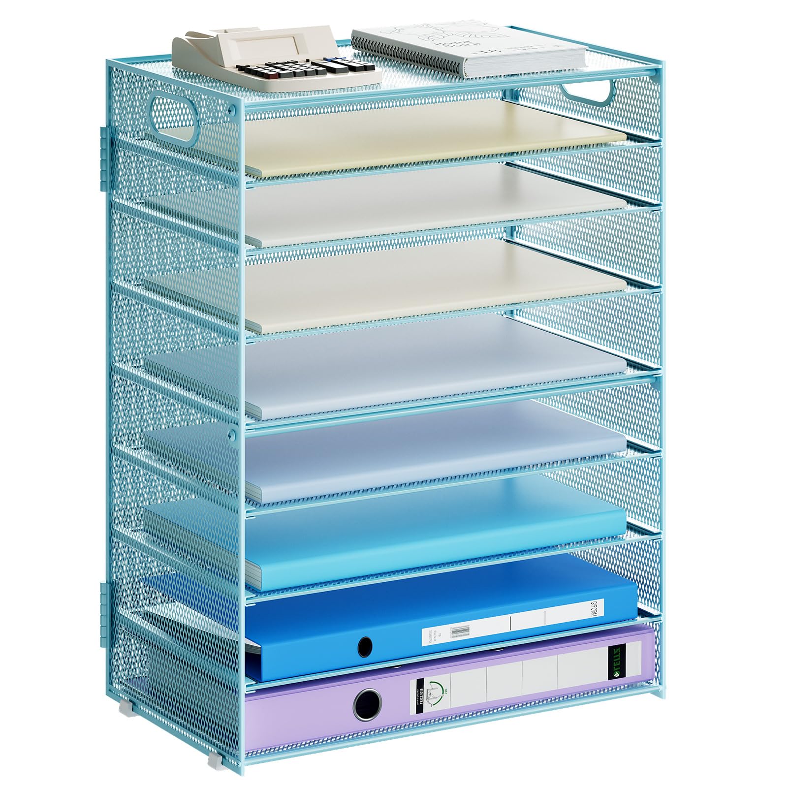 Marbrasse Paper Organizer Letter Tray, 9 Tier Mesh File Organizer with Handle, Paper Sorter Desk Organizer for Home Office Supplies - Blue
