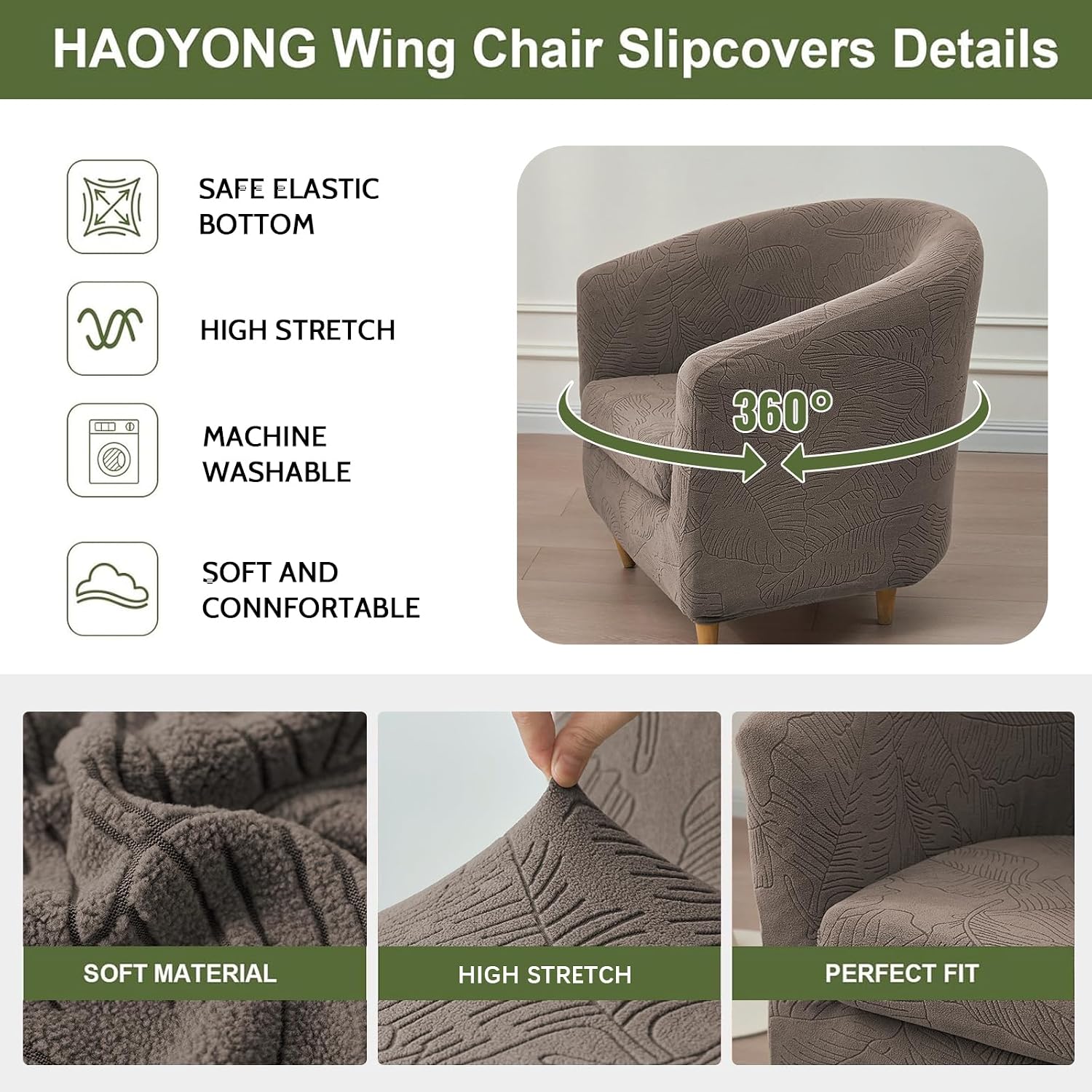 HAOYONG 2 Piece Club Chair Slipcover Stretch Barrel Jacquard Chair Covers Solid Tub Chair Slipcovers Soft Round Armchair Covers Removable Couch Furniture Protector Cover for Living Room