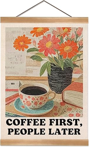 ZTGDA Arte de pared vintage de barra de café, póster de lienzo de lino retro con marco de madera, decoración rústica de cafetería para cafetería,