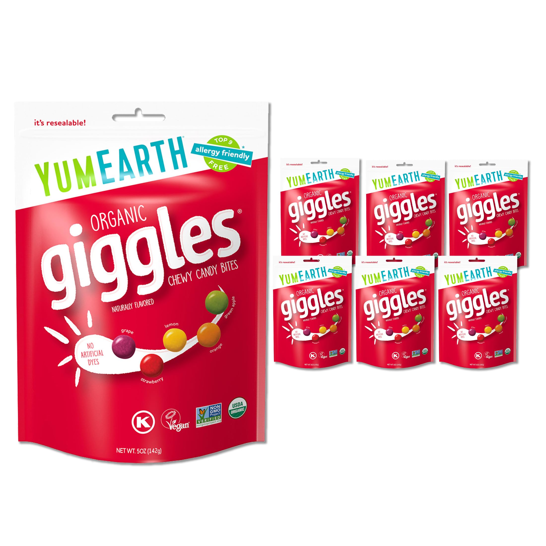 Organic Giggles Chewy Candy - Allergy Friendly (Top 9 Free), No Artificial Dyes or Flavors, Non GMO, Gluten Free, Vegan Candy Snacks - 5 Ounce Bag (Pack of 6)