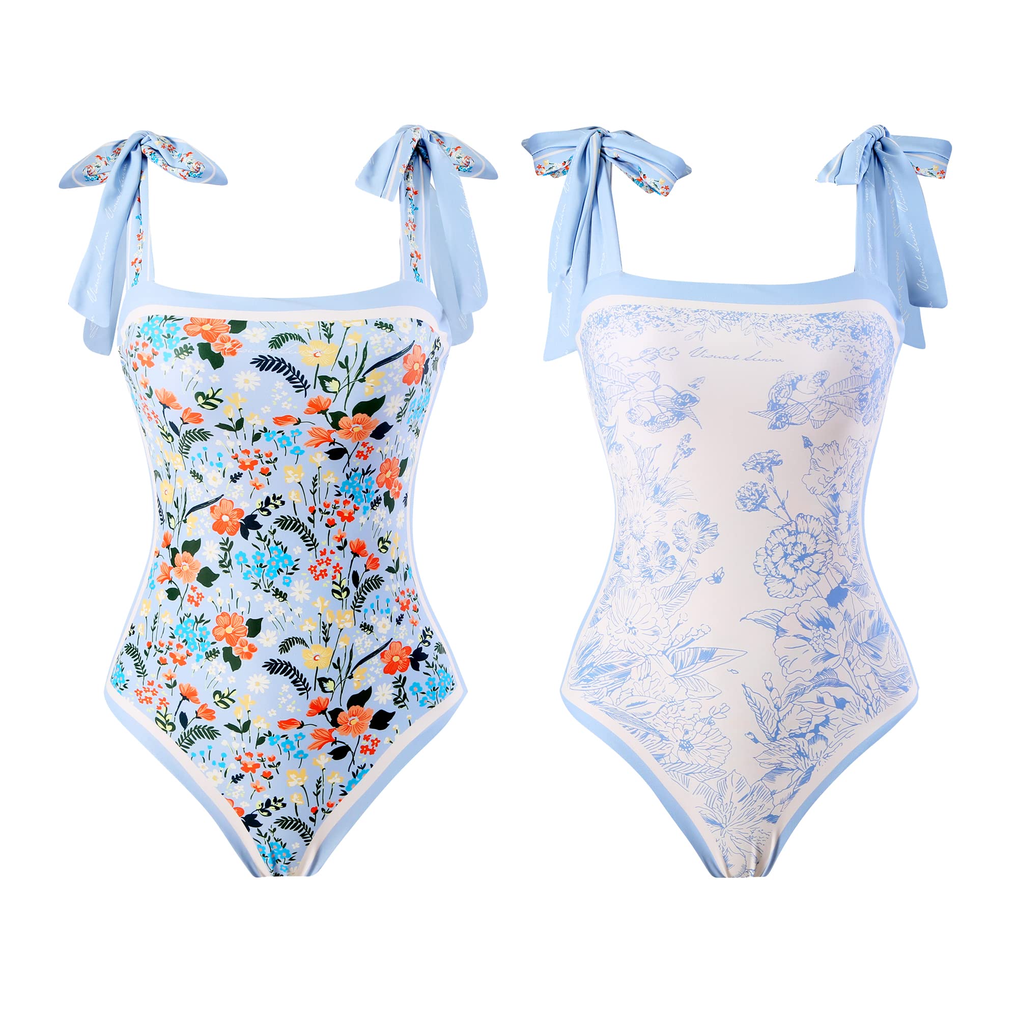 Women Floral One Piece Swimsuits Reversible Retro Print Tie Shoulder Monokini Swimwear Tummy Control Tankini Set