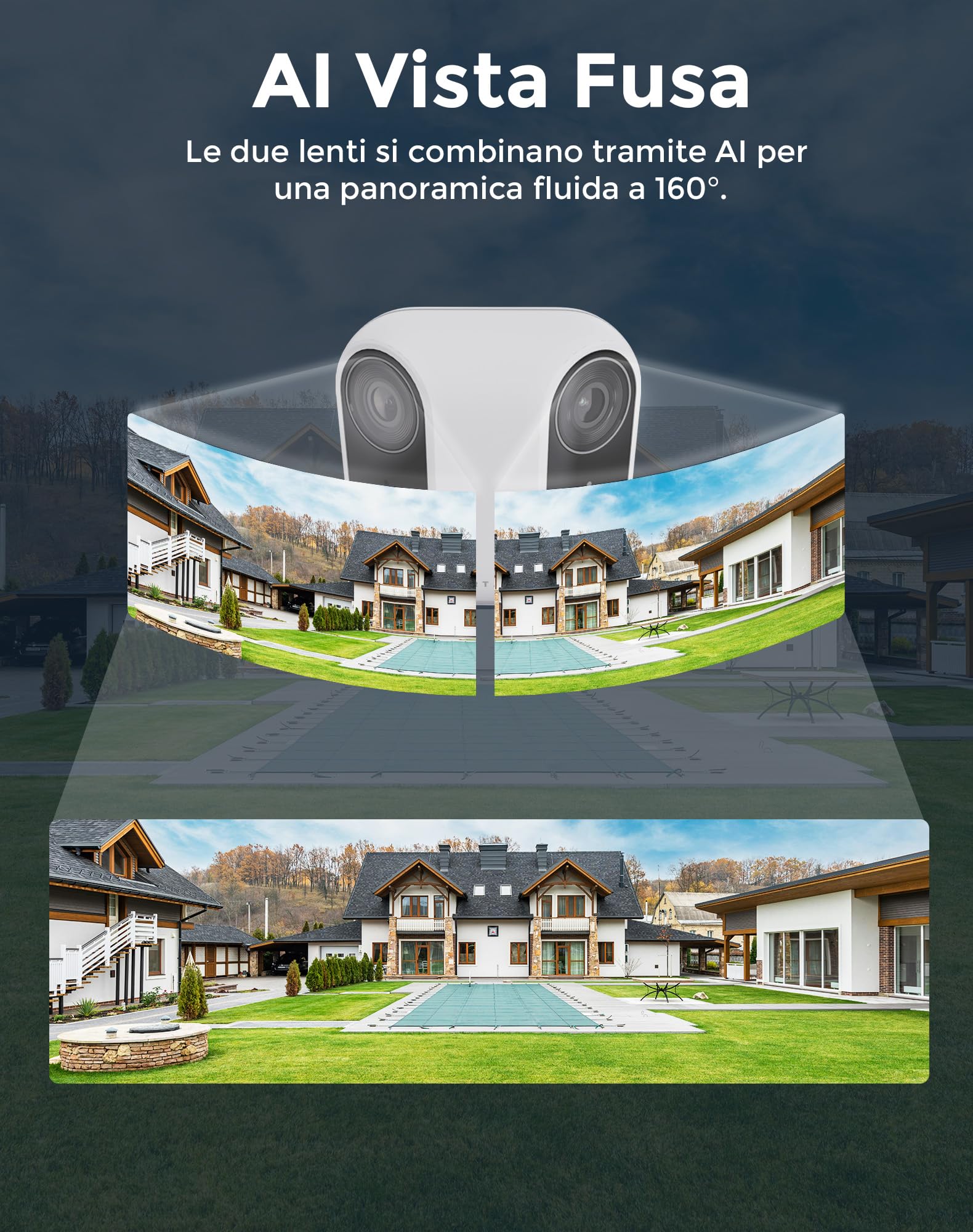VIRTAVO XM1, Telecamera WiFi Esterno Senza Fili, Doppia Lente Vista Panoramica 160°, Videocamera di Sorveglianza con Pannello Solare, Visione Notturna Starlight a Colori, Rilevamento PIR, SD/Cloud
