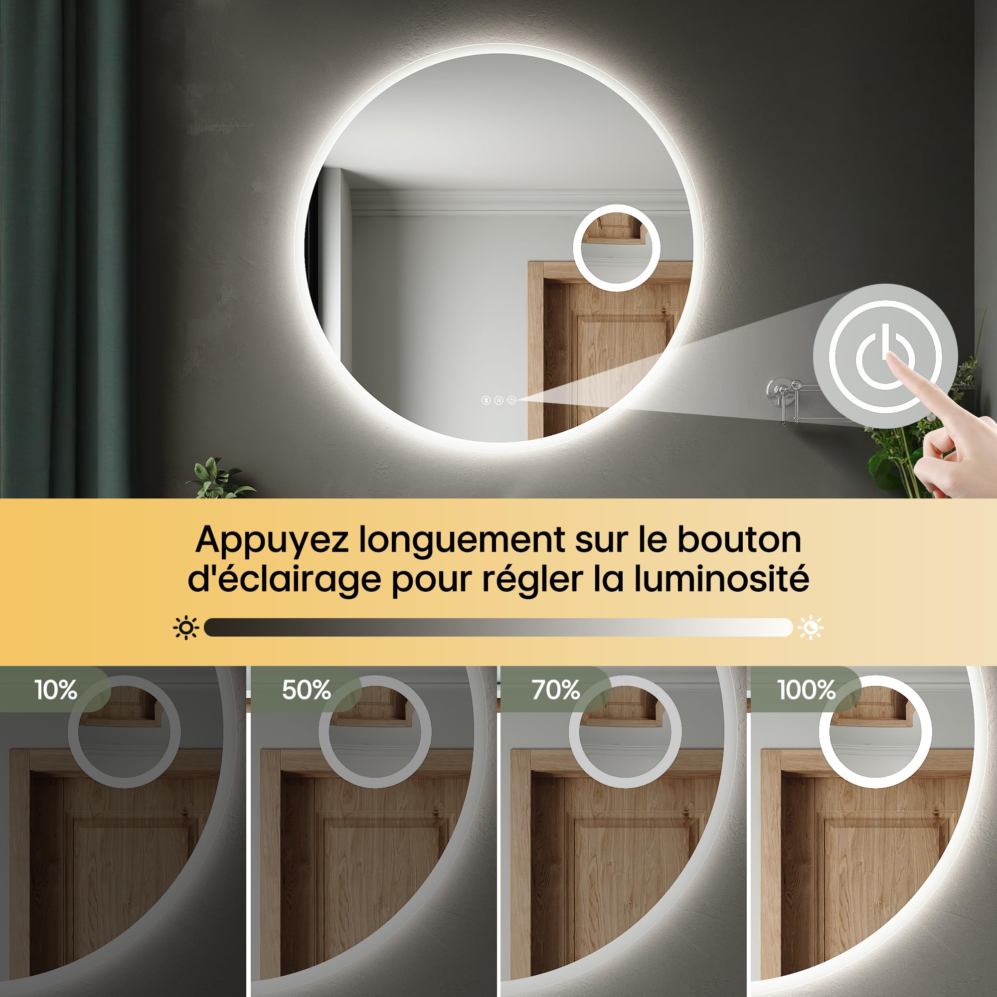 SIRHONA Specchio da bagno con illuminazione 80 cm, Bluetooth, dimmerabile, 3 colori leggeri, anti-appannamento, memoria, IP44, 3 x lente d'ingrandimento, specchio LED bagno, sensore tattile
