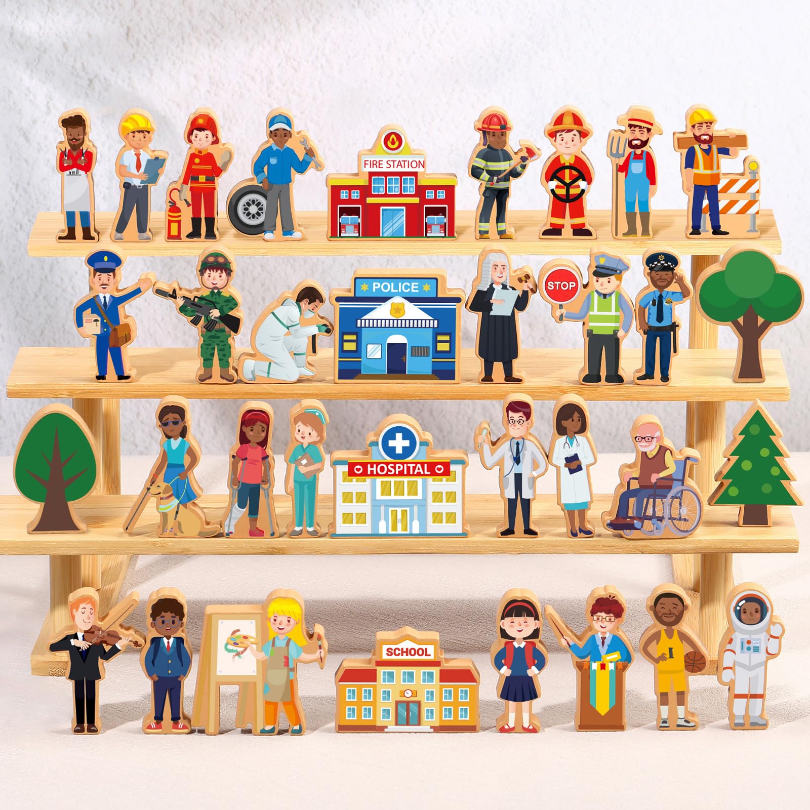 Photo 1 of Blosssound 40 Pcs Wooden Community Helpers for Kids Little Occupations Figures Play Toys Wooden Blocks Multicultural Career Preschool Classroom Educational Supplies Birthday Gifts