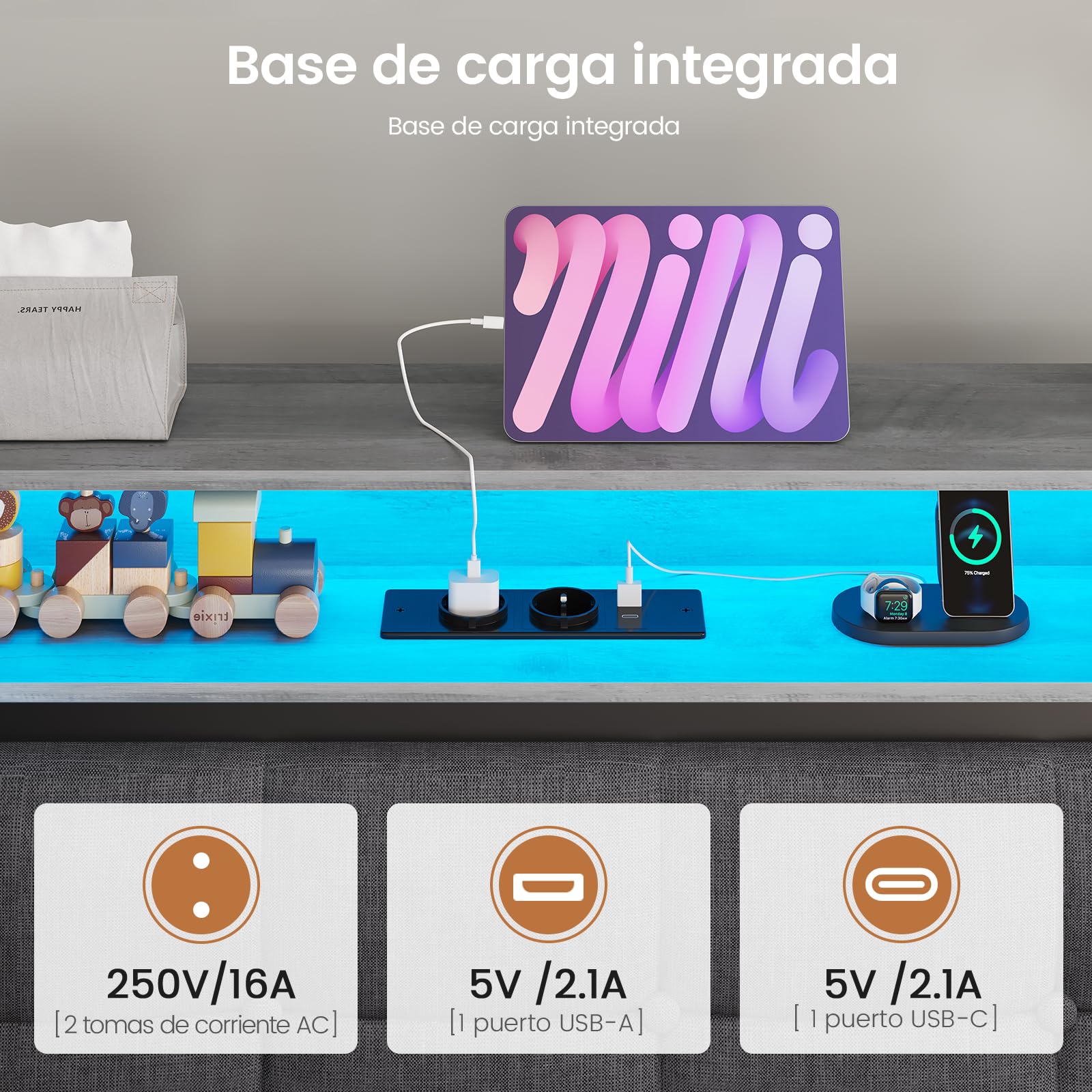 DICTAC Cama acolchada 90 x 190 cm con espacio de almacenamiento, LED y estación de carga, cama juvenil con cajón hidráulico, compartimento de almacenamiento de dos niveles, cama individual en gris