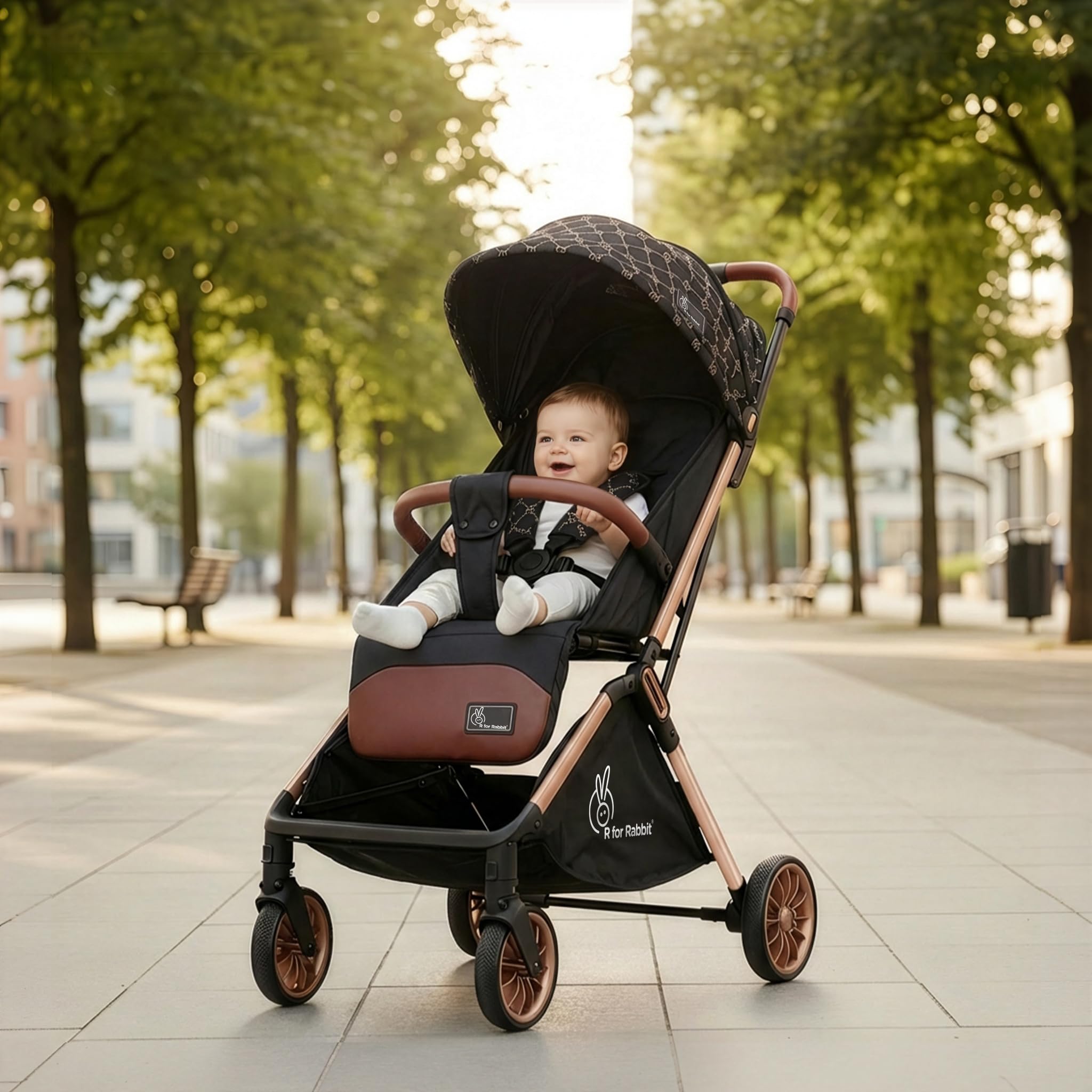 R for Rabbit Street Smart Auto Fold Stylish Newborn Baby Stroller| Aluminum Frame Pram with One Click Fold |Travel Friendly Cabin Trolley Stroller for 0-3 Years for Boy & Girl | (Gold Black)