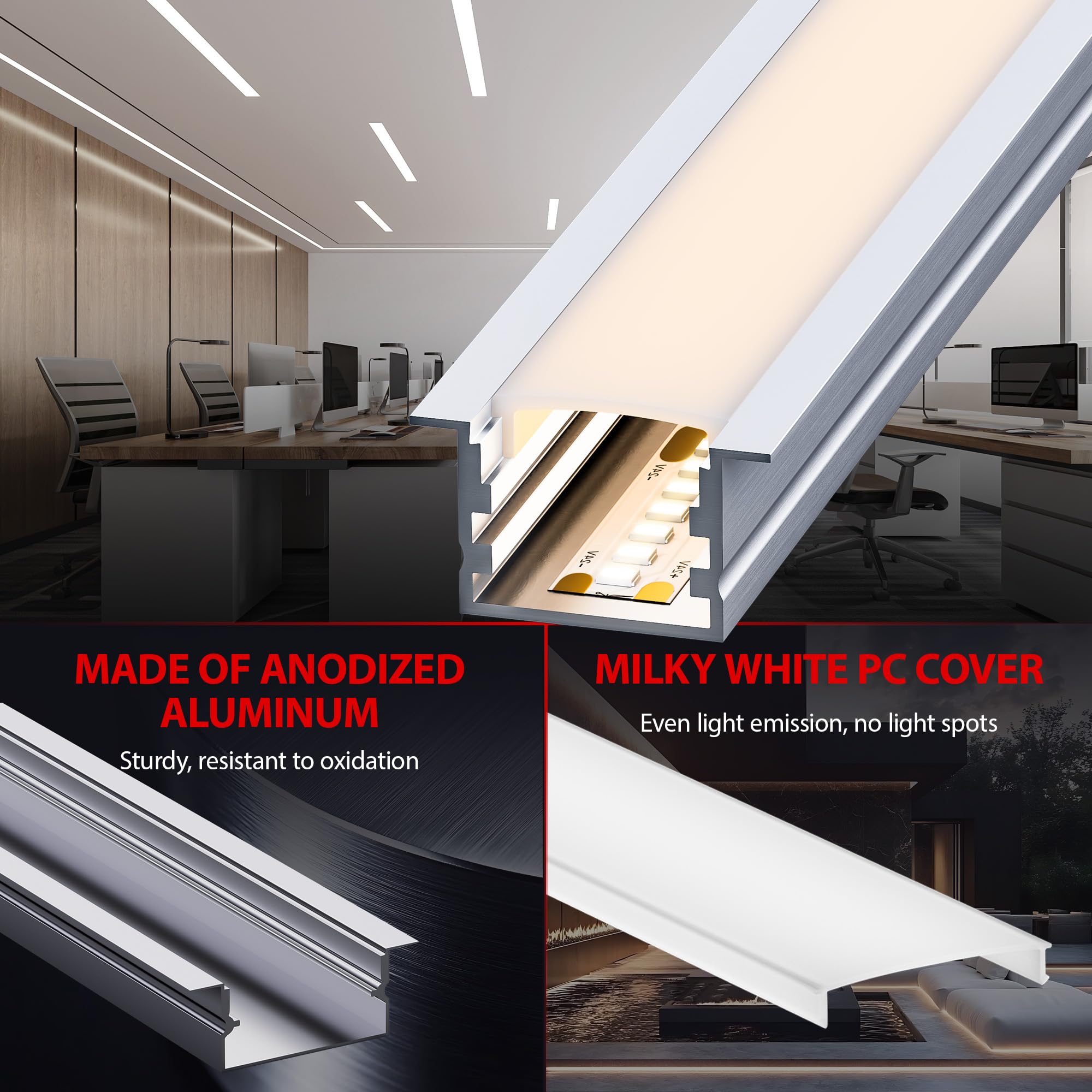 Perfil Aluminio para Tira LED 2m 6 Piezas - Compatible con tiras de hasta 15mm, montaje empotrado o en superficie, Canaleta Tira LED con difusor opaco y accesorios incluidos (2M 6 Piezas)