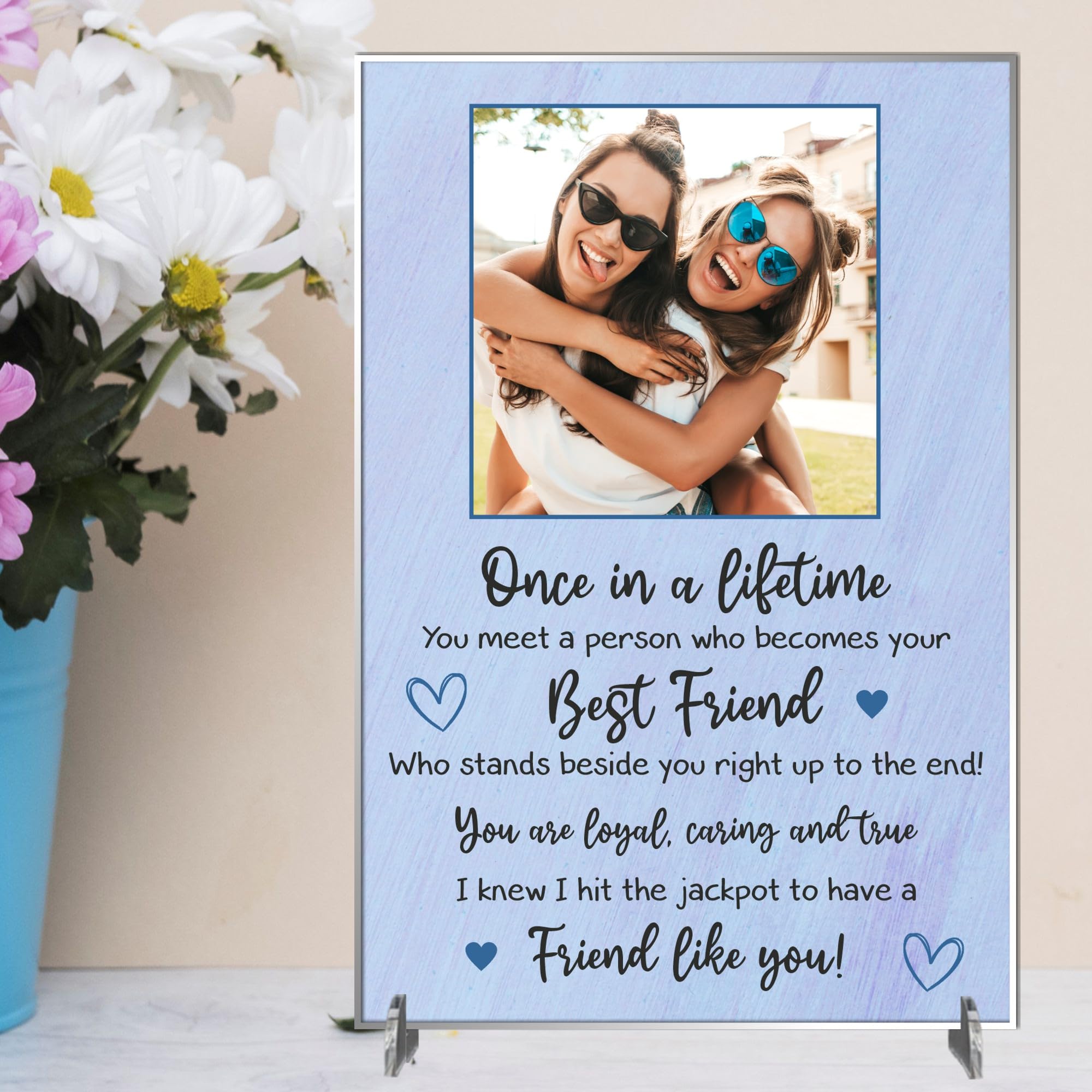 Personalised Best Friend Freestanding Table Photo Plaque for Friends – Once in a Lifetime Quote Design with Photo for Friendship Desk or Shelf Keepsake Gifts (Lilac, Acrylic - A4-30cm x 21cm)