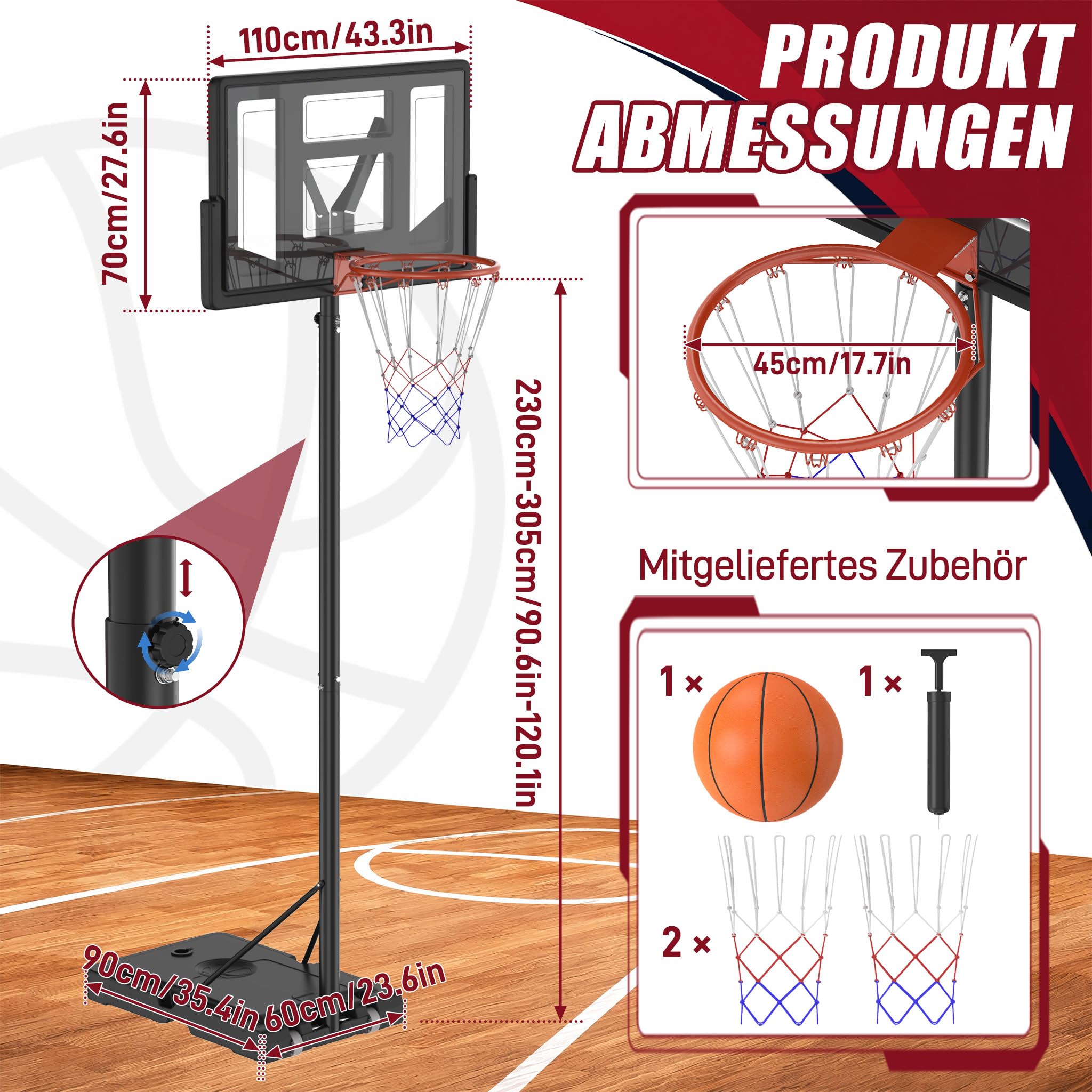 Froadp Canasta de baloncesto ajustable en altura para interior y exterior, soporte de baloncesto con soporte, juego completo, incluye pelota de baloncesto, bomba, equipo de baloncesto portátil para