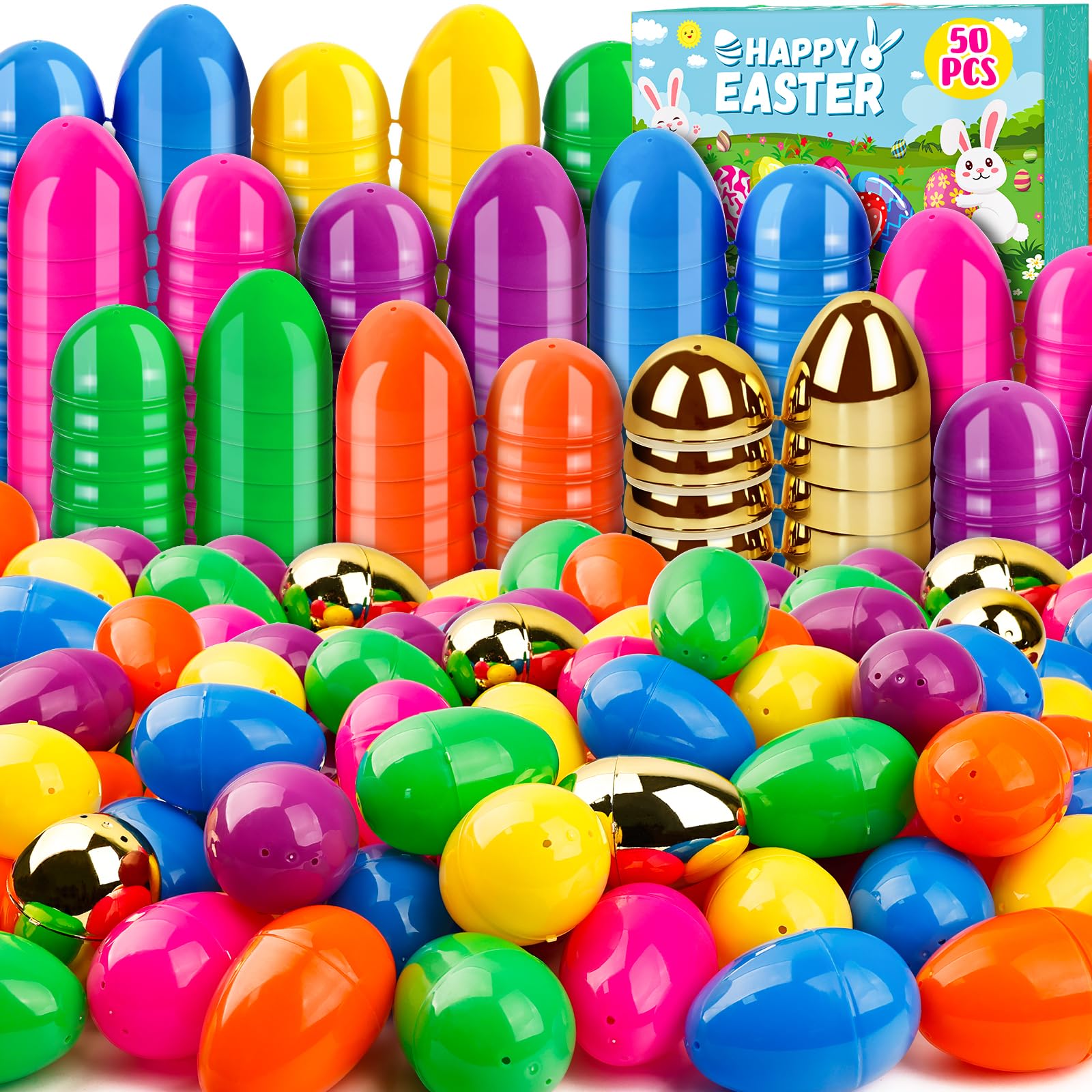 Photo 1 of 50 PCS 3 Inch Large Plastic Easter Eggs Bulk Include Surprise Golden Eggs, Colorful Fillable Empty Eggs for Easter Basket Stuffers Fillers Easter Hunt Filling Party Favors Classroom Prize Supplies